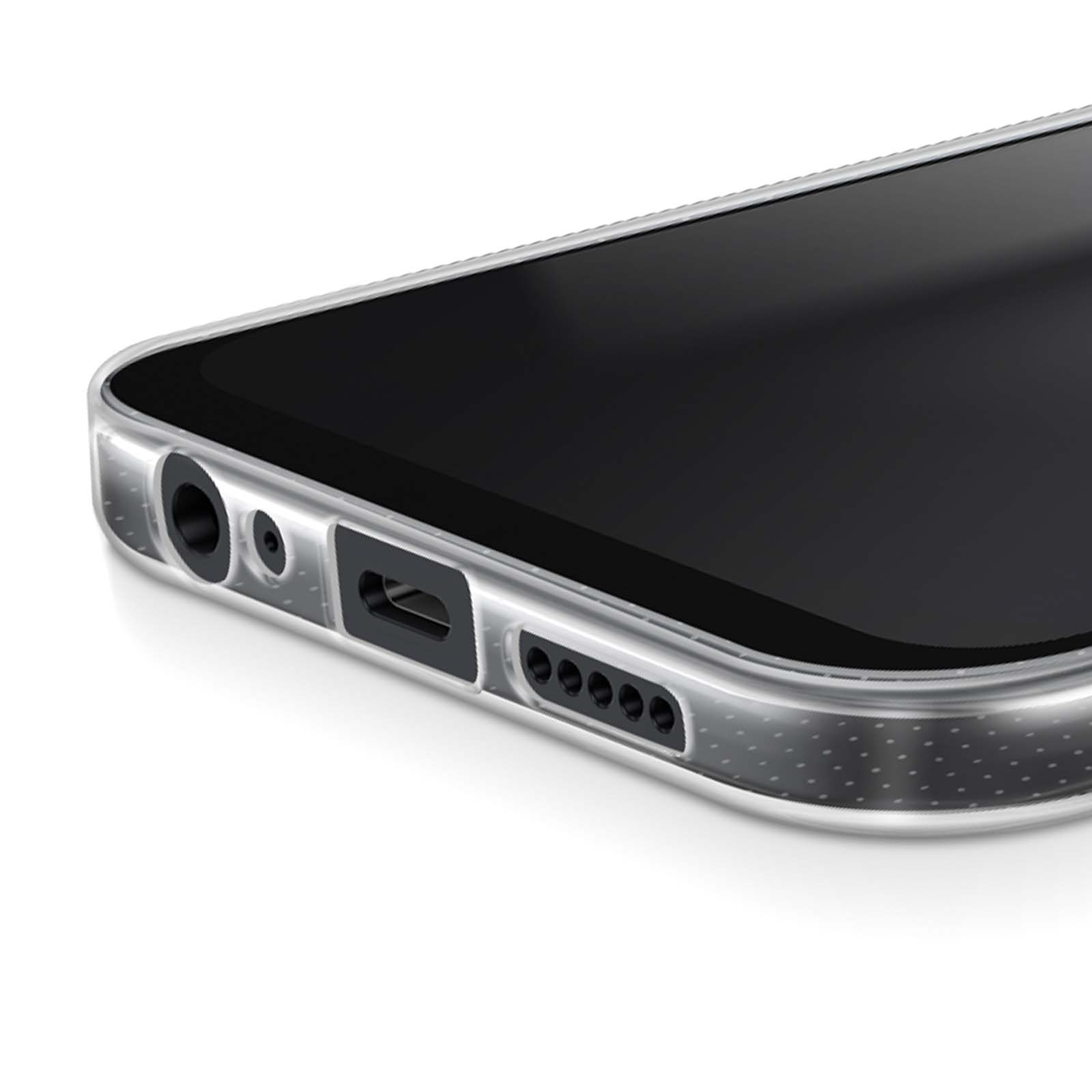 Primo piano del bordo inferiore di uno smartphone con porte e schermo nero. Custodia trasparente.
