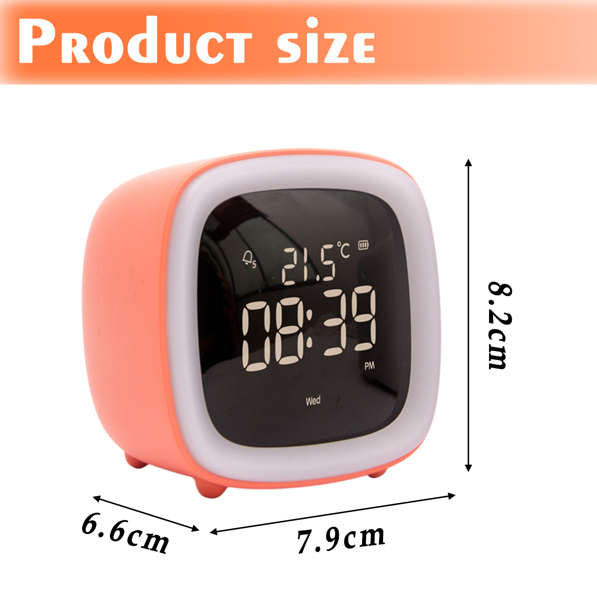 Ein orangefarbener digitaler Wecker zeigt Zeit, Temperatur und Wochentag an. Abmessungen: 6,6 cm, 7,9 cm und 8,2 cm. Produktgröße steht oben.