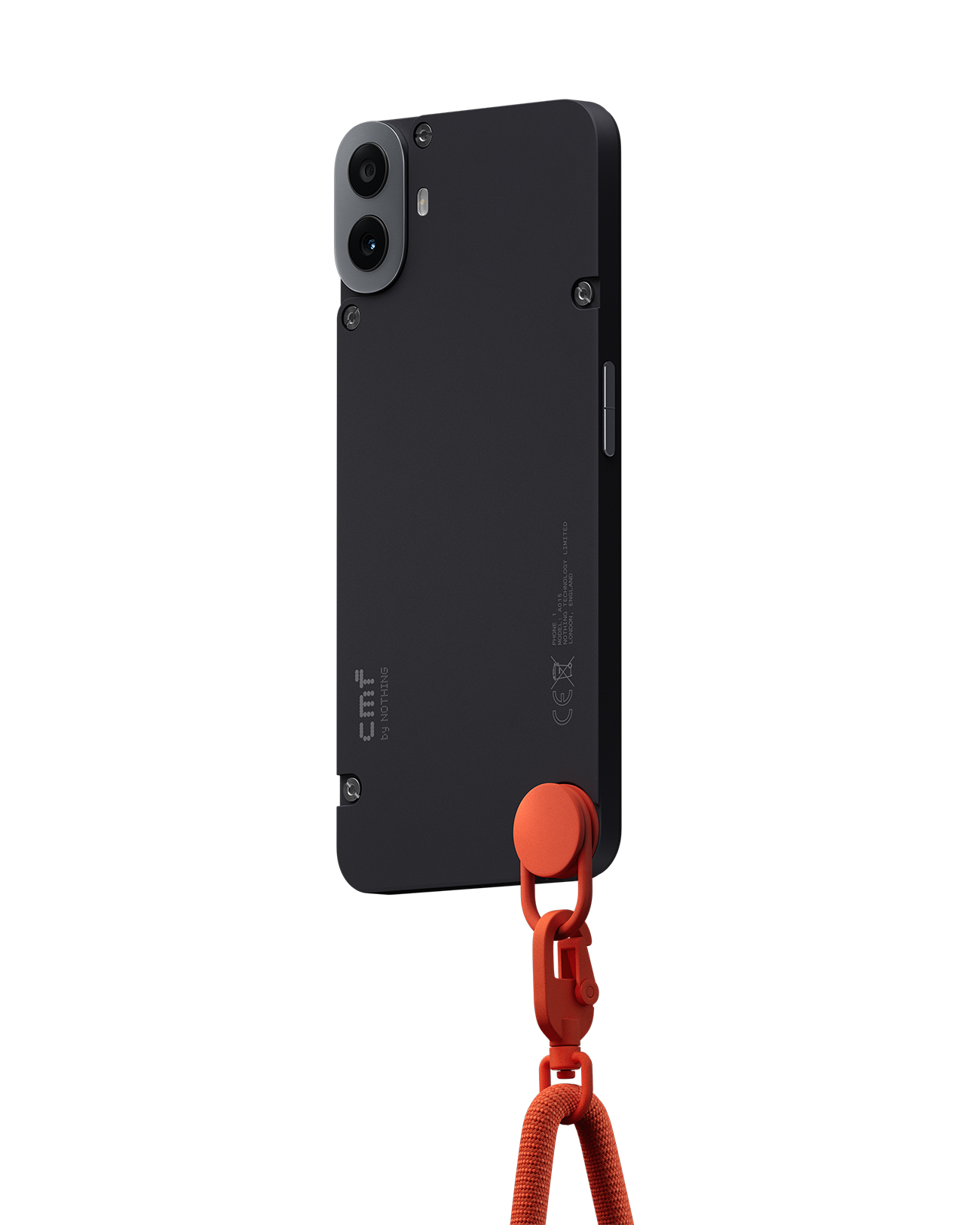 Schwarzes Smartphone mit orangefarbenem Umhängeband. Das Telefon hat zwei Kameras und ein Markengehäuse. Das Umhängeband ist unten befestigt.