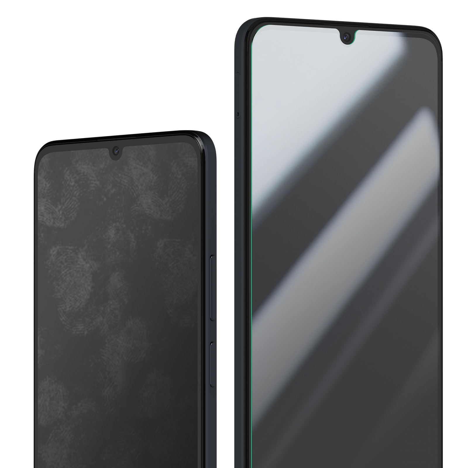 Due smartphone affiancati. Uno mostra impronte digitali, l'altro riflette la luce.