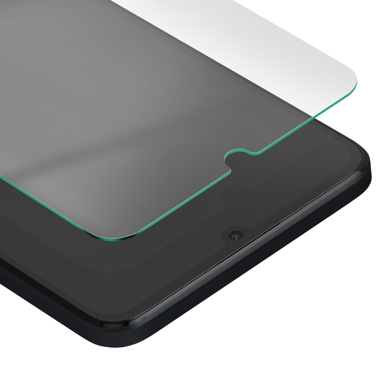 Uno smartphone con una protezione schermo in applicazione. La protezione è trasparente e il telefono è nero.