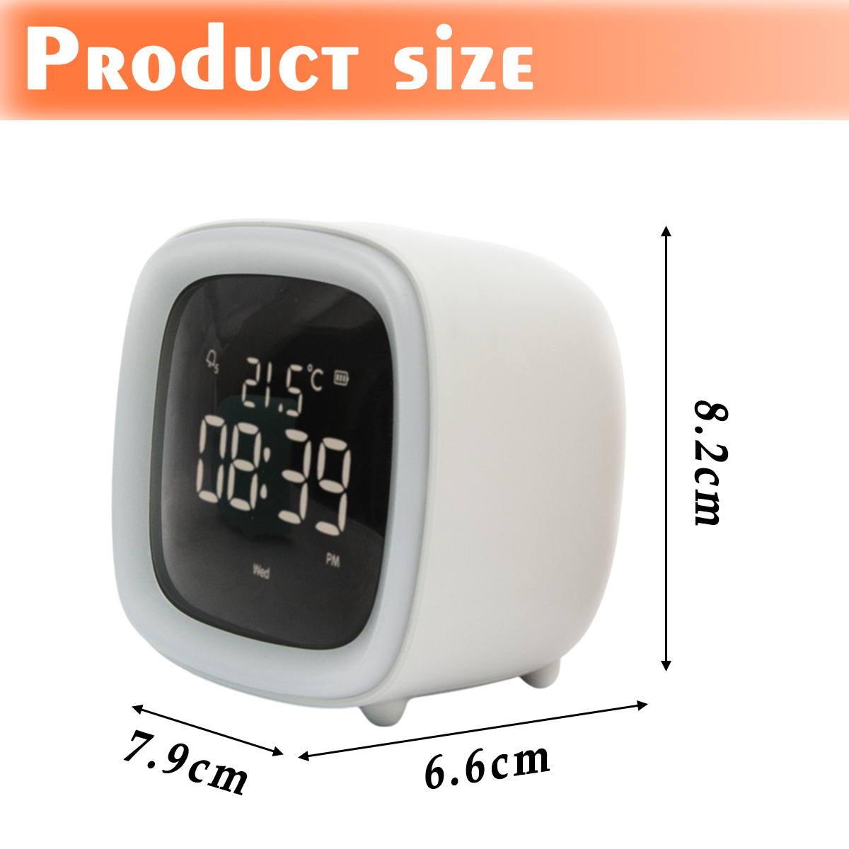 Weißer Digitalwecker mit Uhrzeit und Temperatur. Abmessungen: 7,9 cm x 6,6 cm x 8,2 cm. Text 'Produktgröße' oben.