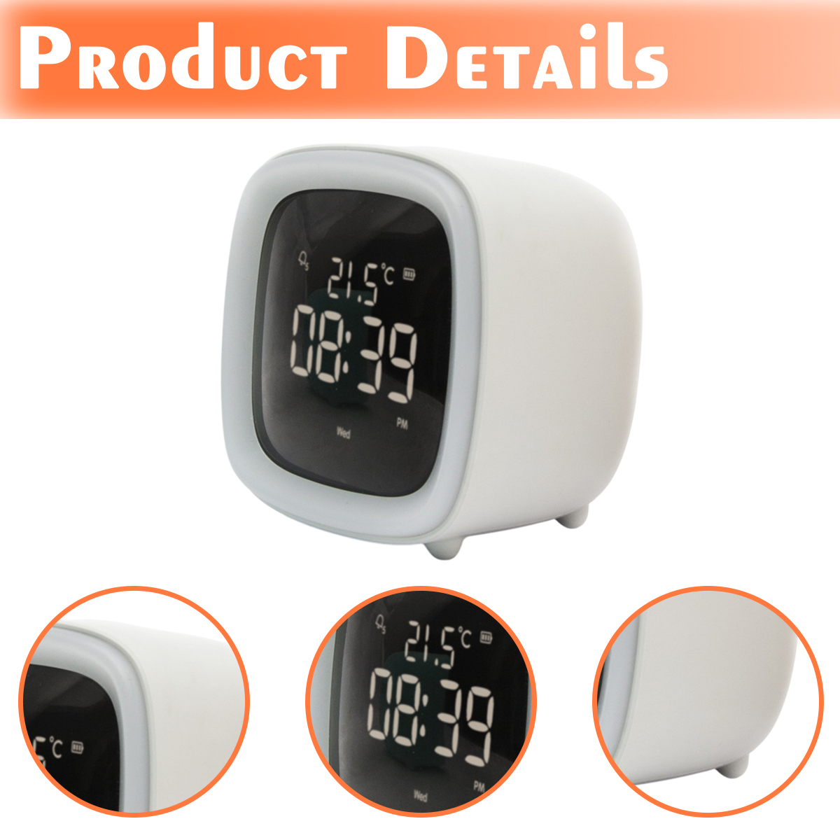 Eine weiße Digitaluhr zeigt 08:39 und 21,5°C an. Sie hat eine abgerundete quadratische Form mit einem hellen Rahmen. Oben steht 'Produktdetails'.