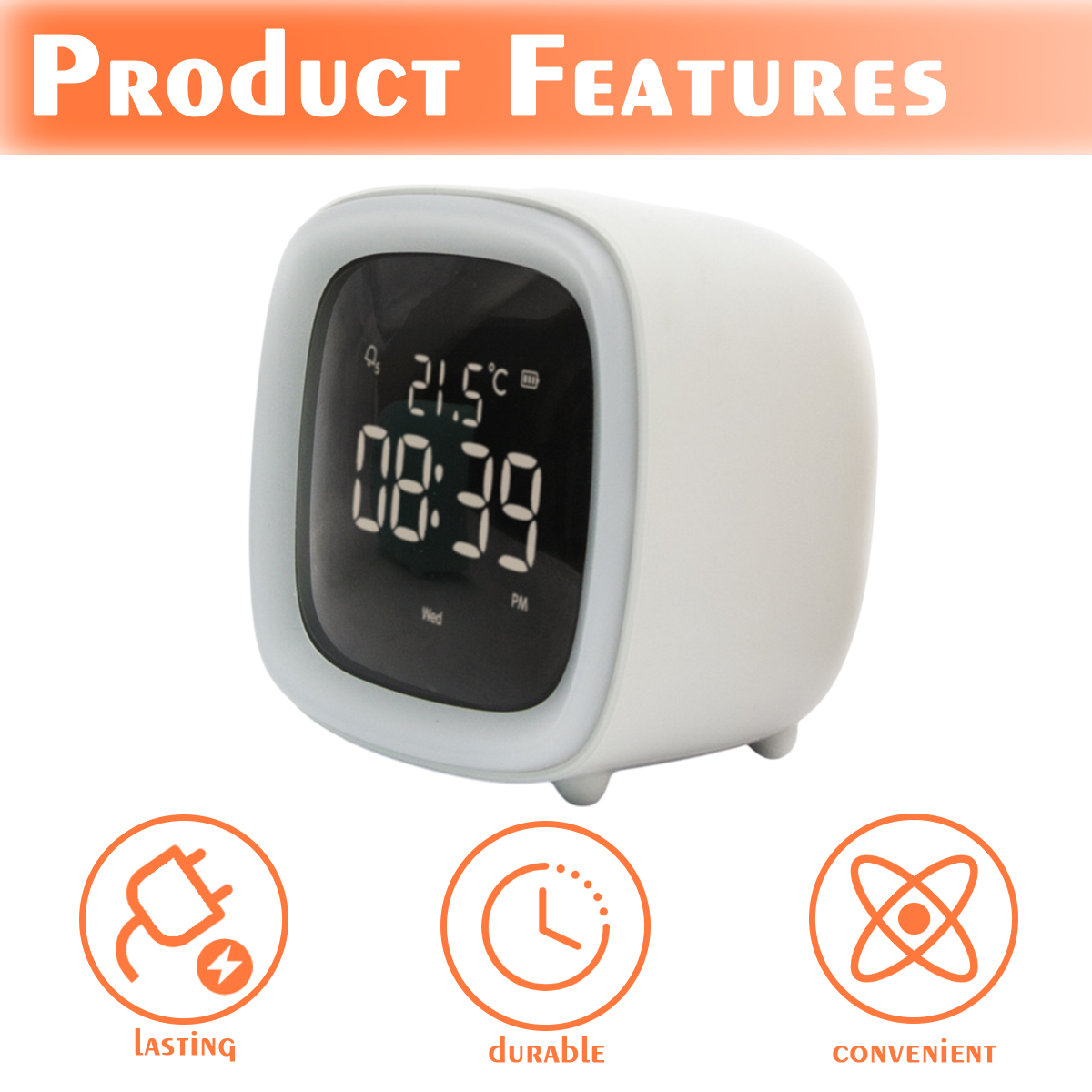 Ein weißer digitaler Wecker zeigt die Uhrzeit und Temperatur an. Unten sind orangefarbene Symbole für dauerhafte, langlebige und praktische Merkmale.