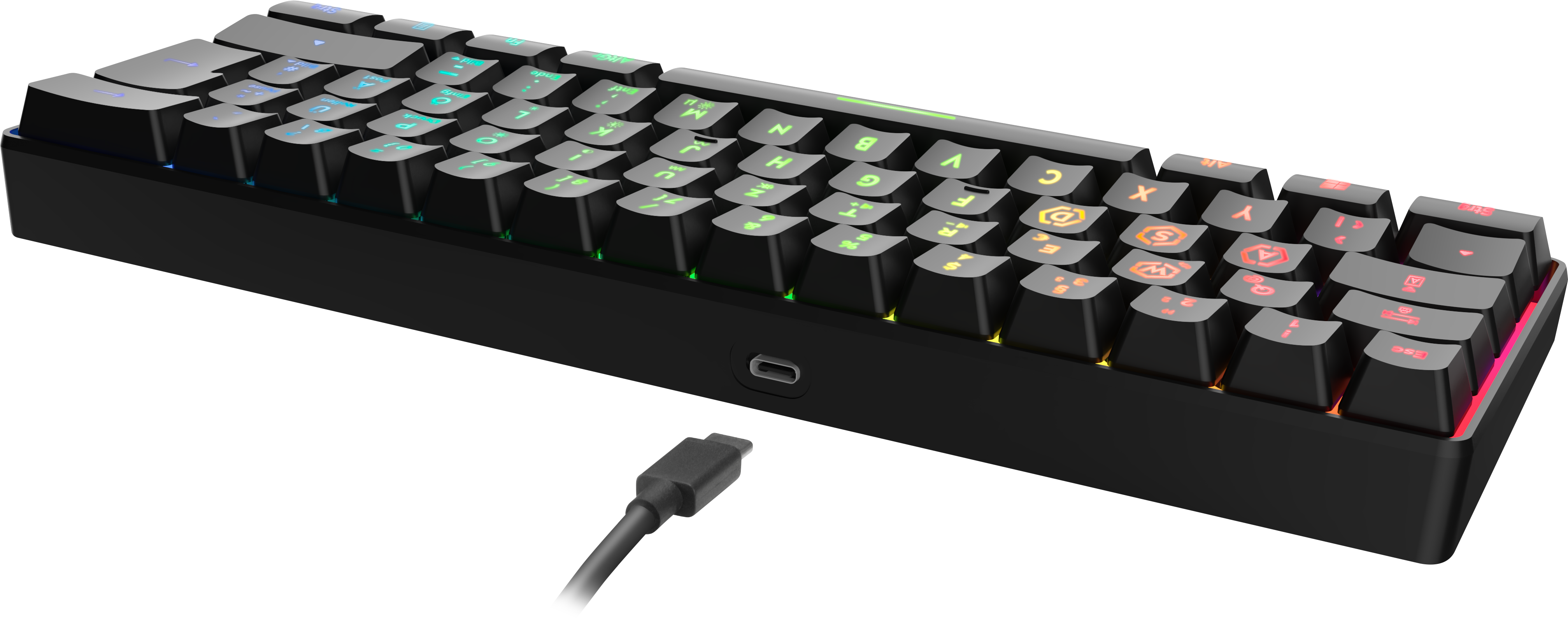 Eine schwarze Tastatur mit beleuchteten Tasten wird gezeigt. Ein USB-C-Kabel ist angeschlossen. Der Hintergrund ist schwarz.