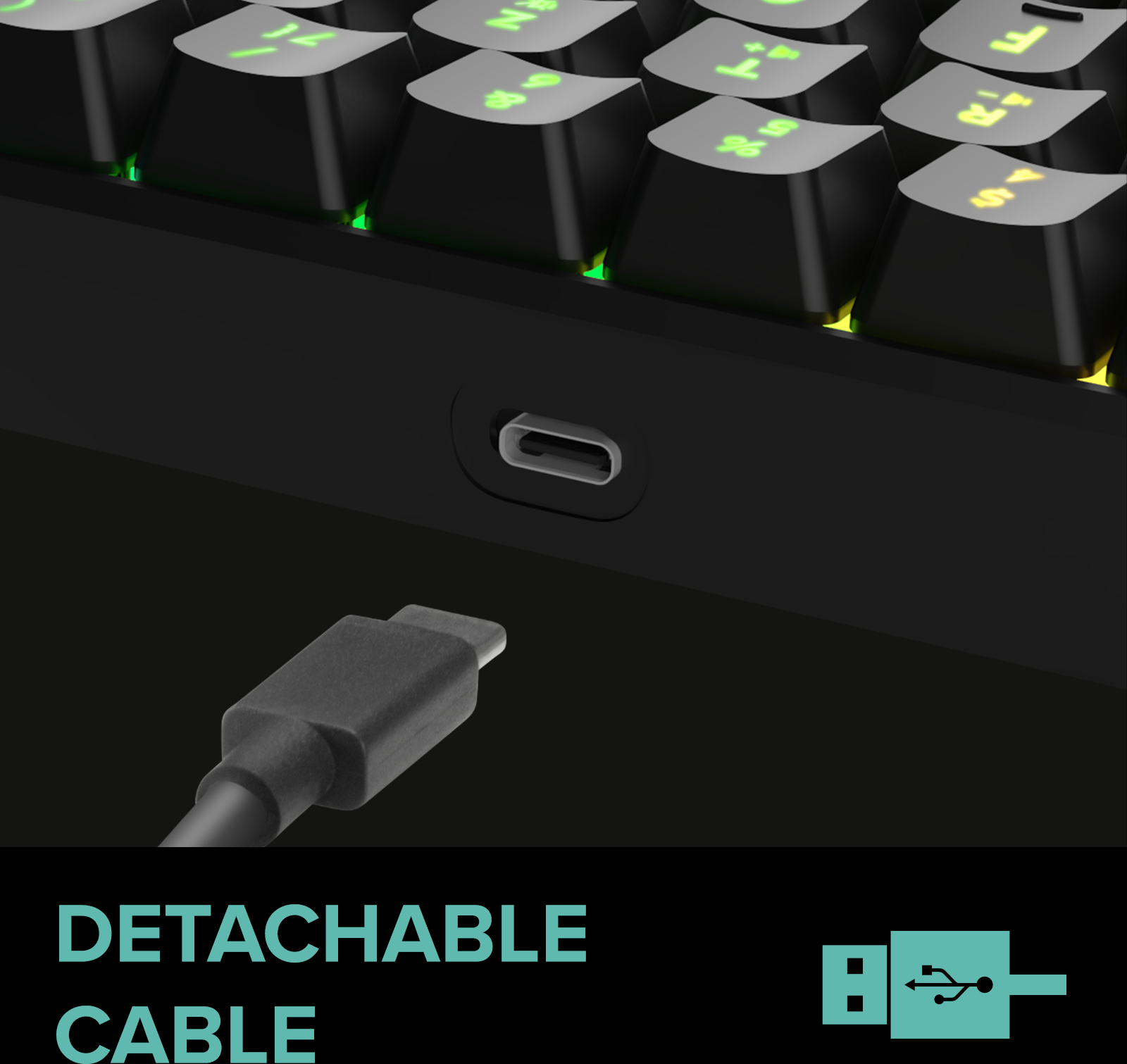 Nahaufnahme einer schwarzen Tastatur mit beleuchteten Tasten. Ein USB-C-Anschluss ist sichtbar. Ein abnehmbares Kabel ist angeschlossen.