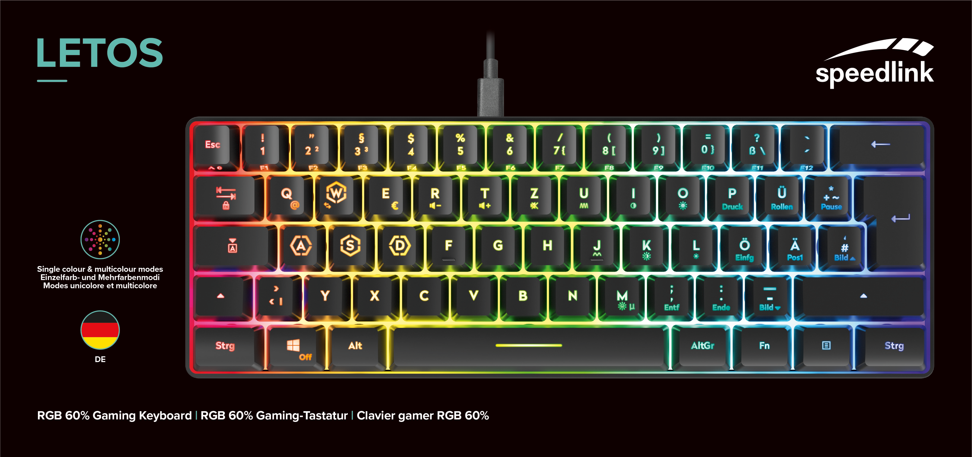 Eine schwarze 60 % RGB-Gaming-Tastatur mit regenbogenfarben beleuchteten Tasten. Die Marke ist Speedlink.