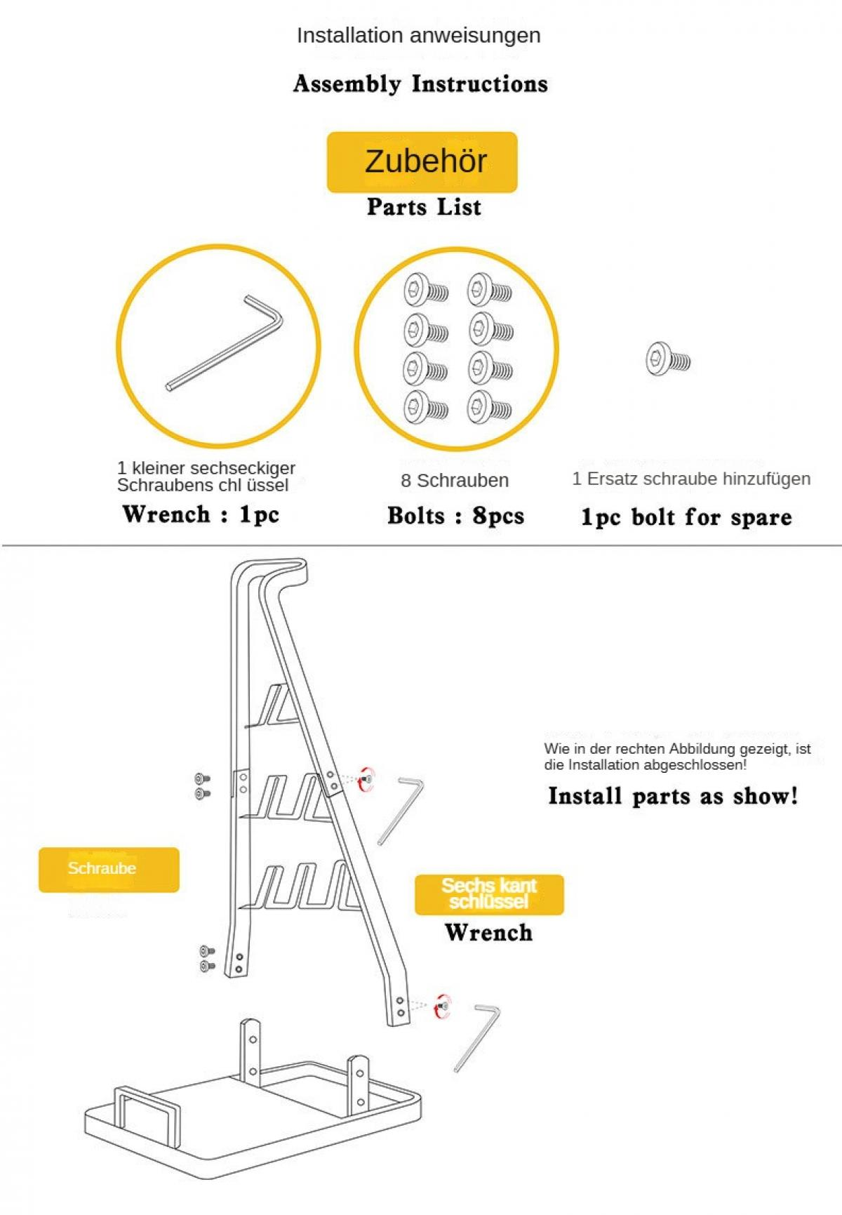 Montageanleitung mit Teileliste: Schraubenschlüssel, Schrauben und eine Ersatzschraube. Ein Diagramm zeigt die Montage.