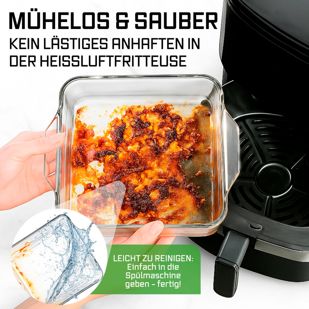 Eine Hand hält eine schmutzige Glasschale aus einer Heißluftfritteuse. Text sagt 'Leicht zu reinigen', mit einem Geschirrspüler.