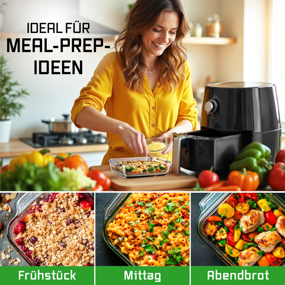 Frau in gelbem Oberteil fügt Käse zu einem Meal-Prep-Gericht hinzu. Heißluftfritteuse und gekochte Gerichte im Bild. Meal-Prep-Ideen in deutschem Text.