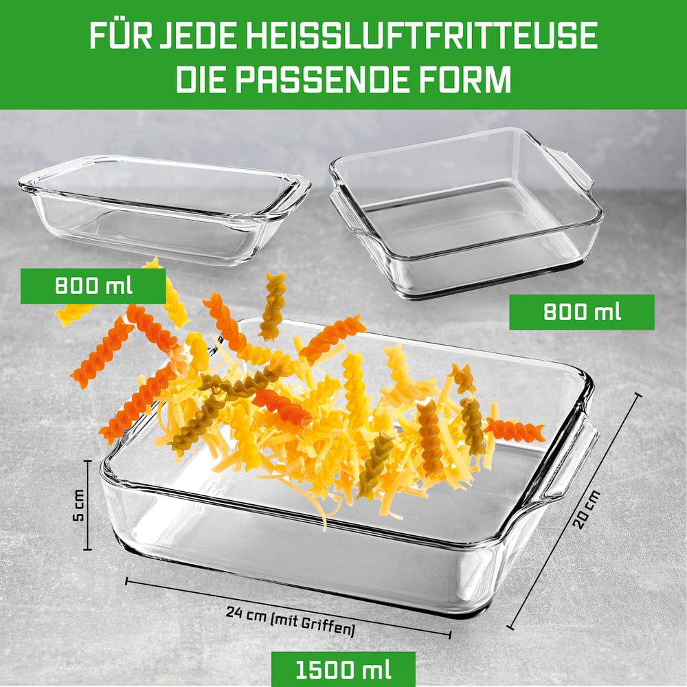 Drei Glasbackformen mit Nudeln. Abmessungen und Fassungsvermögen sind angegeben. Grünes Banner mit Text oben.
