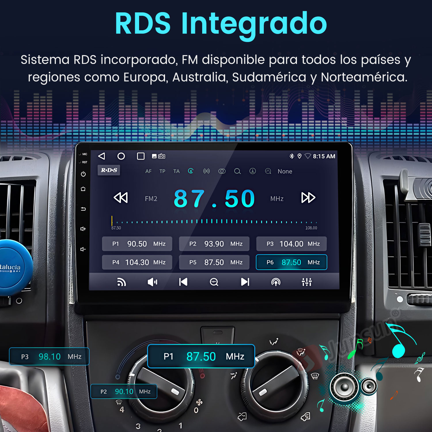 Pantalla de radio de coche mostrando información de radio FM. El texto dice 'RDS Integrado'. Se ven botones y diales en el salpicadero del coche.