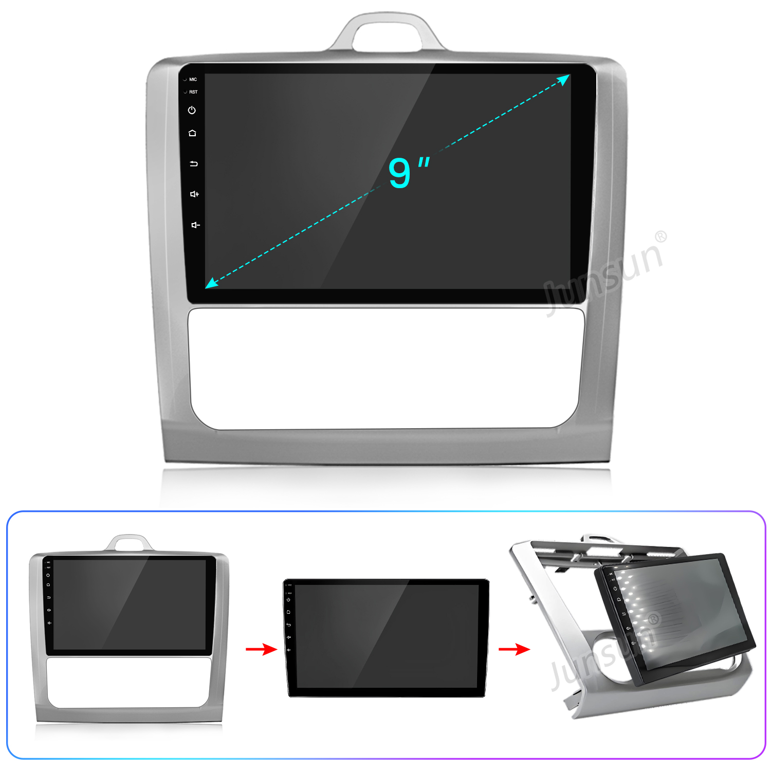 Se muestra una radio de coche con pantalla de 9 pulgadas. Tres imágenes muestran la radio en diferentes posiciones, con marco plateado.