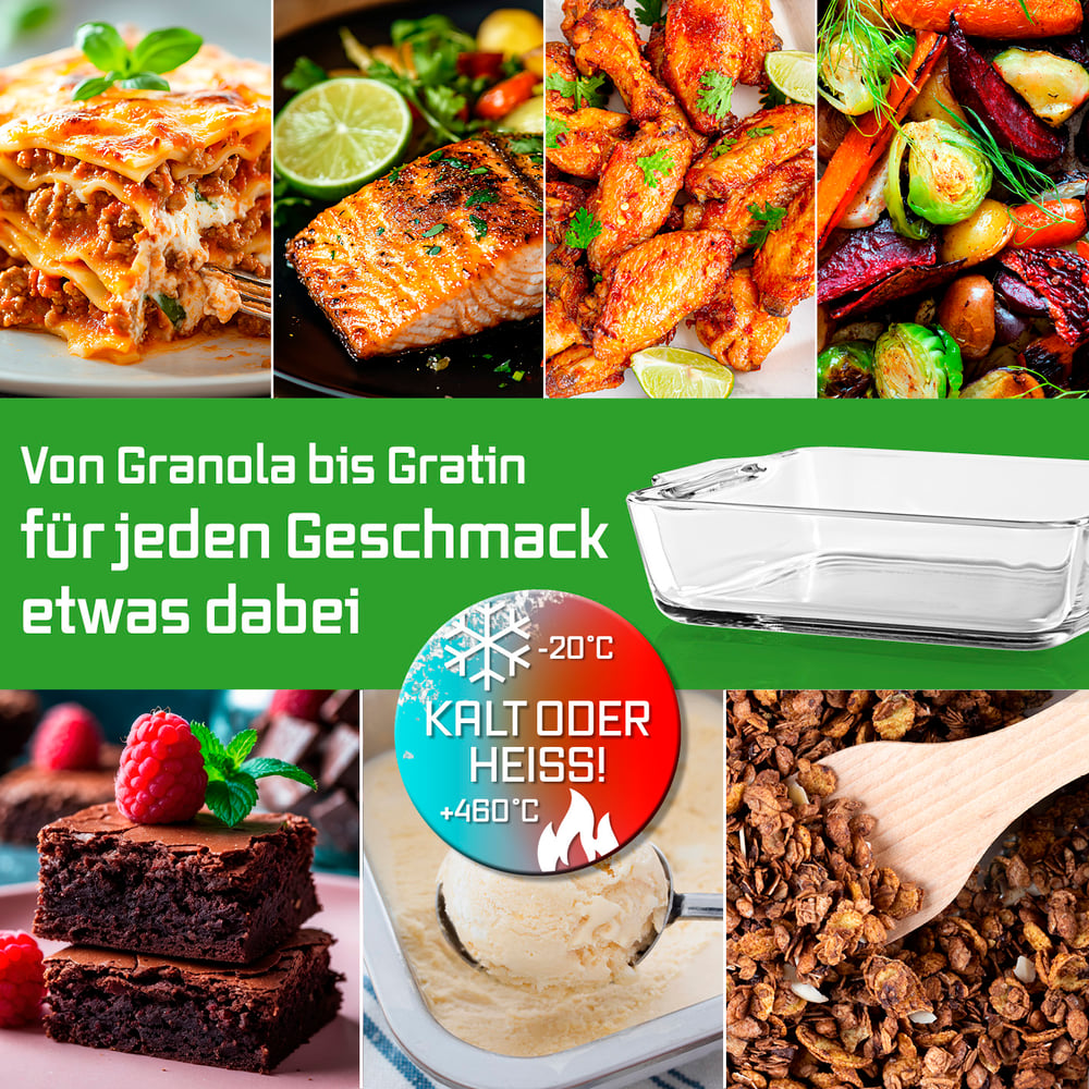 Collage di piatti: lasagne, salmone, ali di pollo, verdure arrostite, brownies, gelato, granola. Testo: 'Dalla granola al gratin, qualcosa per tutti.'