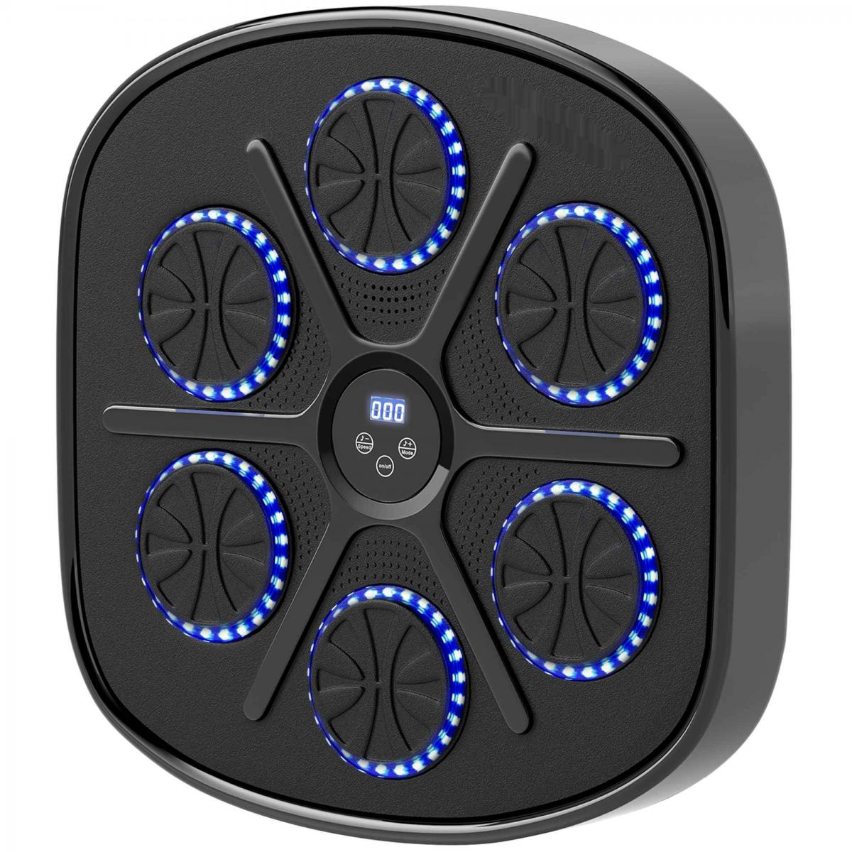 Ein schwarzes Trainingsgerät mit sechs Basketballzielen, jedes mit einem blauen Lichtring. Ein kleines Display zeigt '000'.