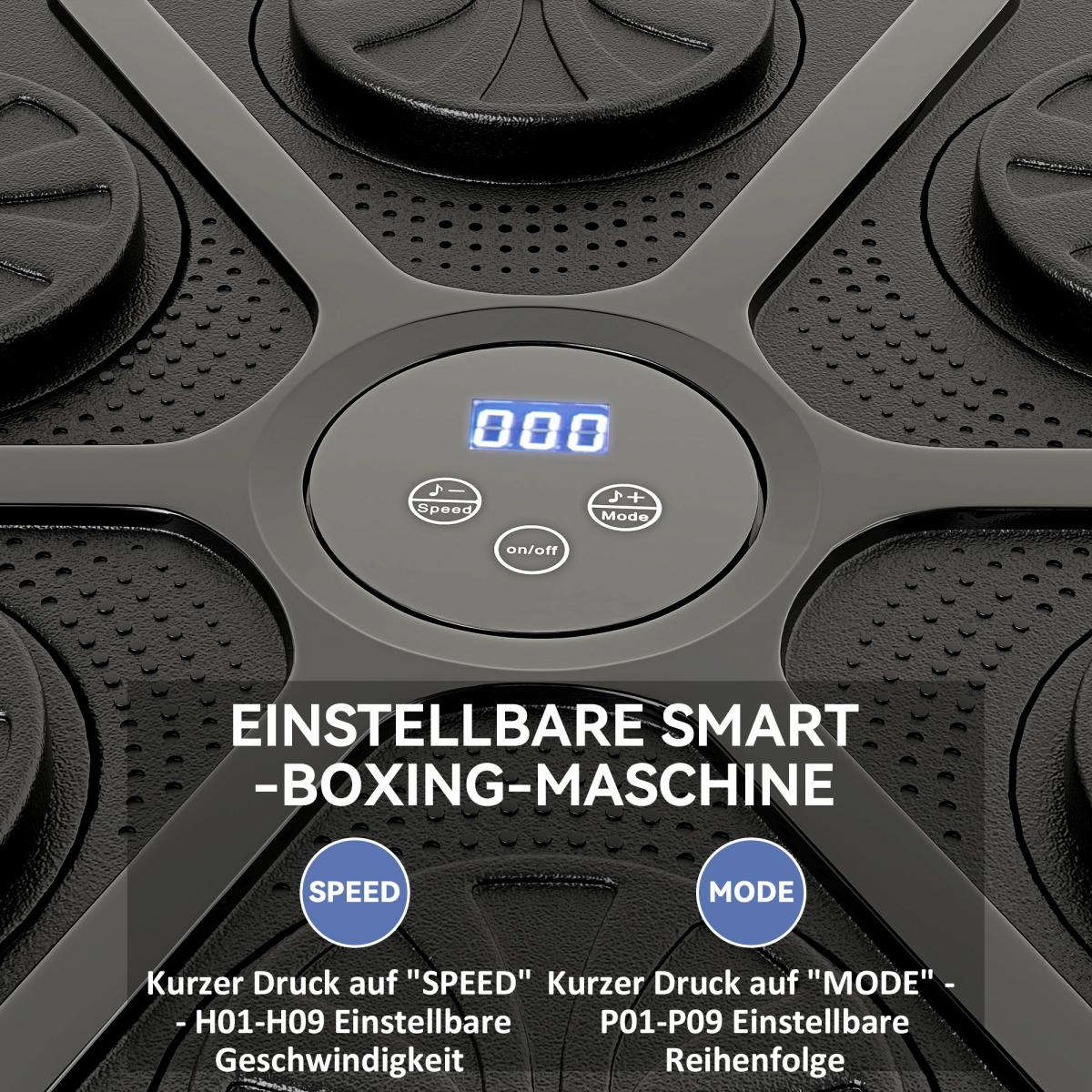 Nahaufnahme eines schwarzen Boxautomaten-Bedienfelds mit digitaler Anzeige '000'. Tasten für Geschwindigkeit, Modus und Ein/Aus.