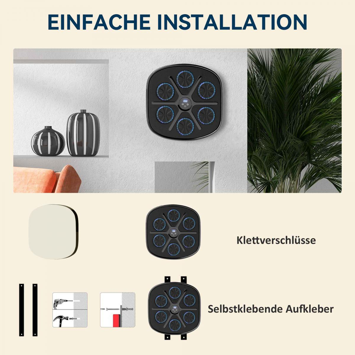 Das Bild zeigt Installationsanweisungen. Oben: Ein Gerät und Vasen. Mitte: Klettverschluss. Unten: Klebeaufkleber. Text: 'Einfache Installation'.