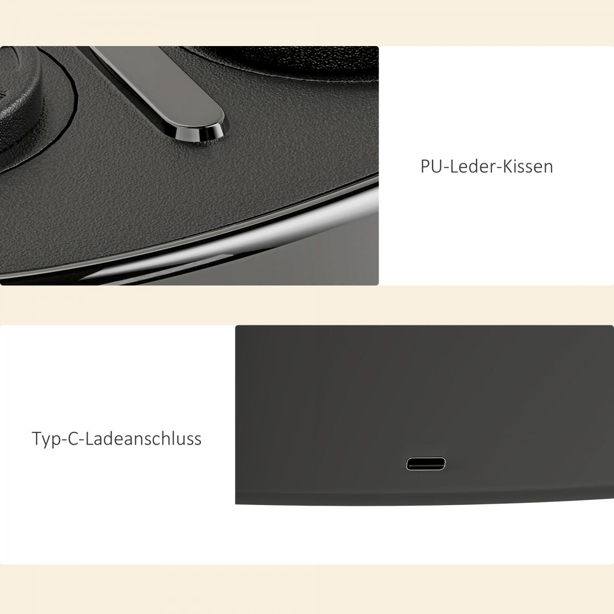 Nahaufnahme eines schwarzen Objekts mit metallischem Rand und USB-C-Anschluss. Text: 'PU-Leder-Kissen' und 'Typ-C-Ladeanschluss'.