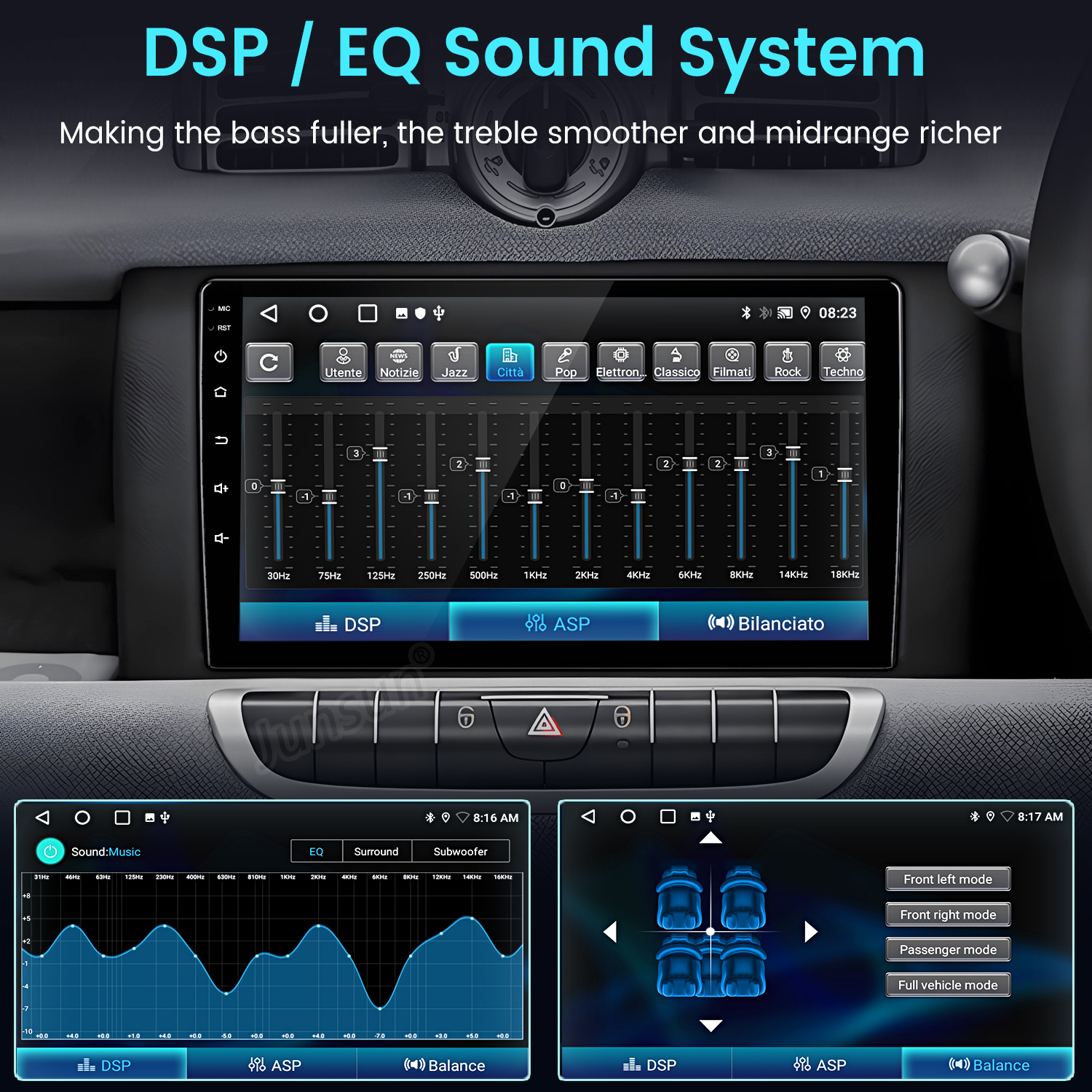 Interfaccia del sistema audio dell'auto con impostazioni EQ. Visualizza varie regolazioni di frequenza del suono.