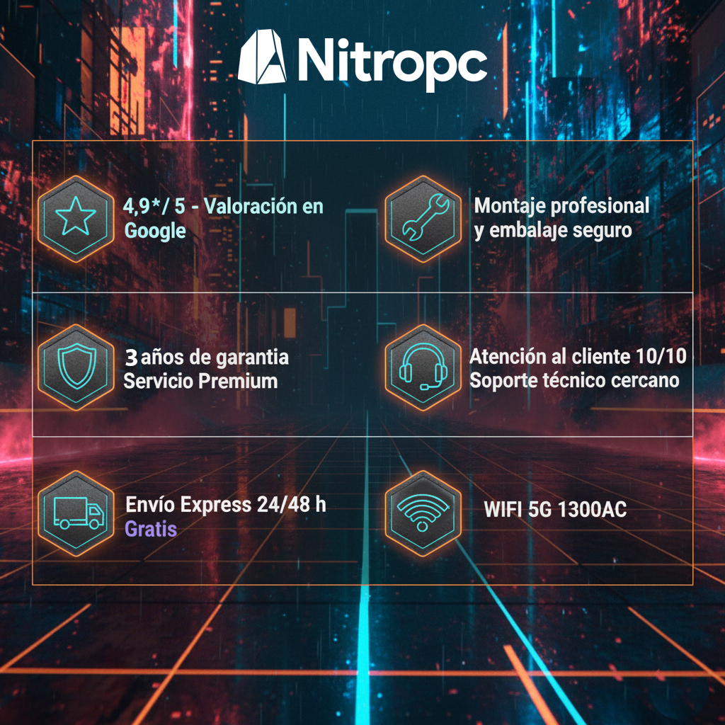 Obraz z logo Nitropc, funkcje obejmują ocenę Google, profesjonalny montaż, gwarancję, obsługę klienta, wysyłkę ekspresową i WIFI.