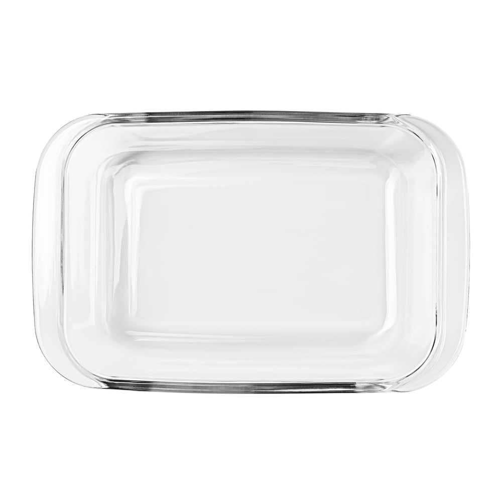 Eine klare, rechteckige Glasschale mit abgerundeten Ecken auf weißem Hintergrund. Es ist leer und scheint neu zu sein.