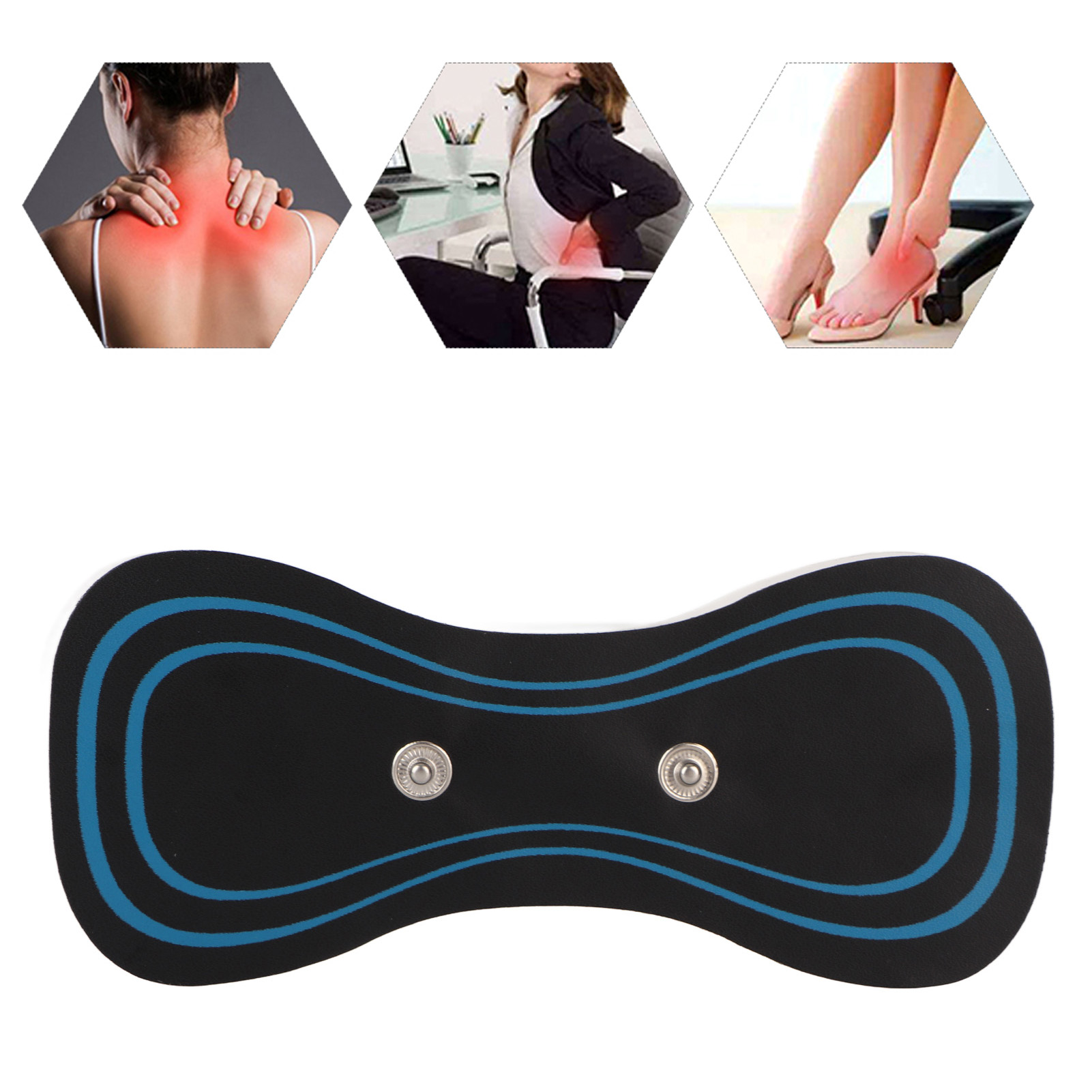 Das Bild zeigt Schmerzbereiche: Nacken, Rücken und Fuß. Im Vordergrund befindet sich ein elektrisches Massagegerät.