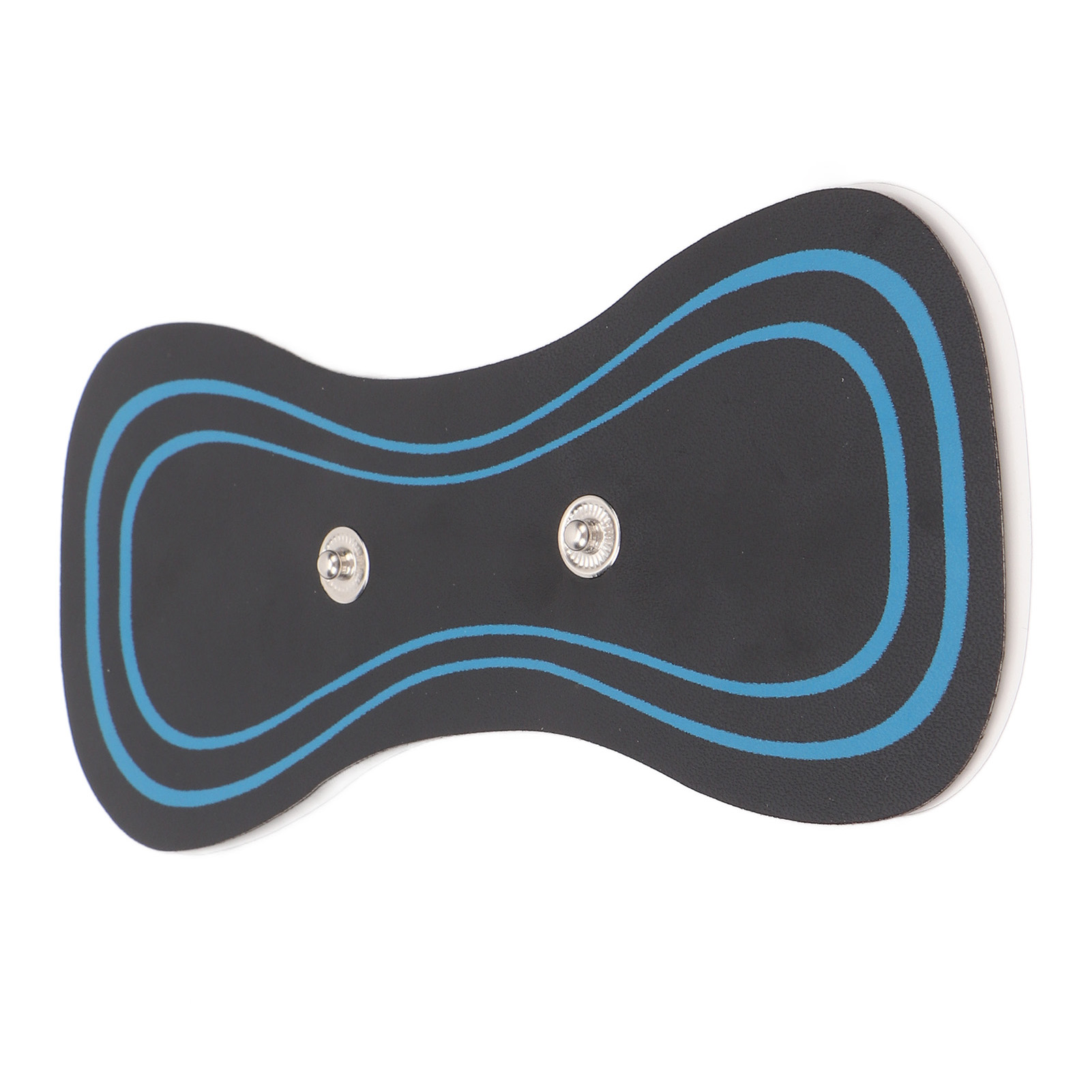 Ein schwarzes Pad mit blauen Linien und zwei Metall-Druckknöpfen auf weißem Grund.