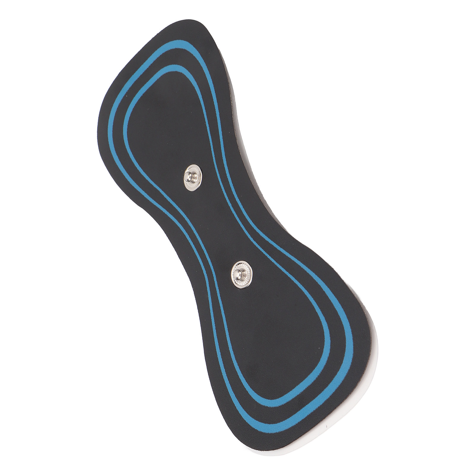 Ein schwarzes, gepolstertes Elektrotherapie-Pad mit blauen Zierleisten und zwei silbernen Druckknöpfen, auf weißem Hintergrund.
