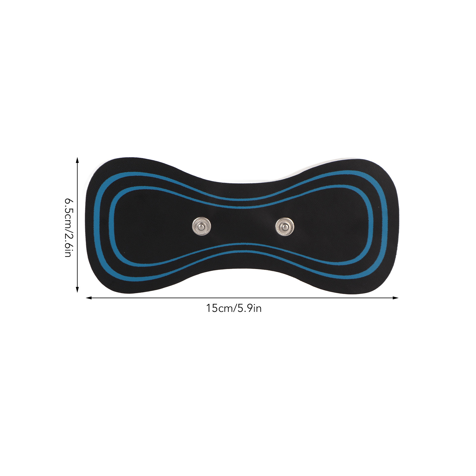 Schwarzes, bow-tie-förmiges Gerät mit blauen Linien und zwei silbernen Knöpfen. Abmessungen: 15 cm/5,9 Zoll x 6,5 cm/2,6 Zoll.