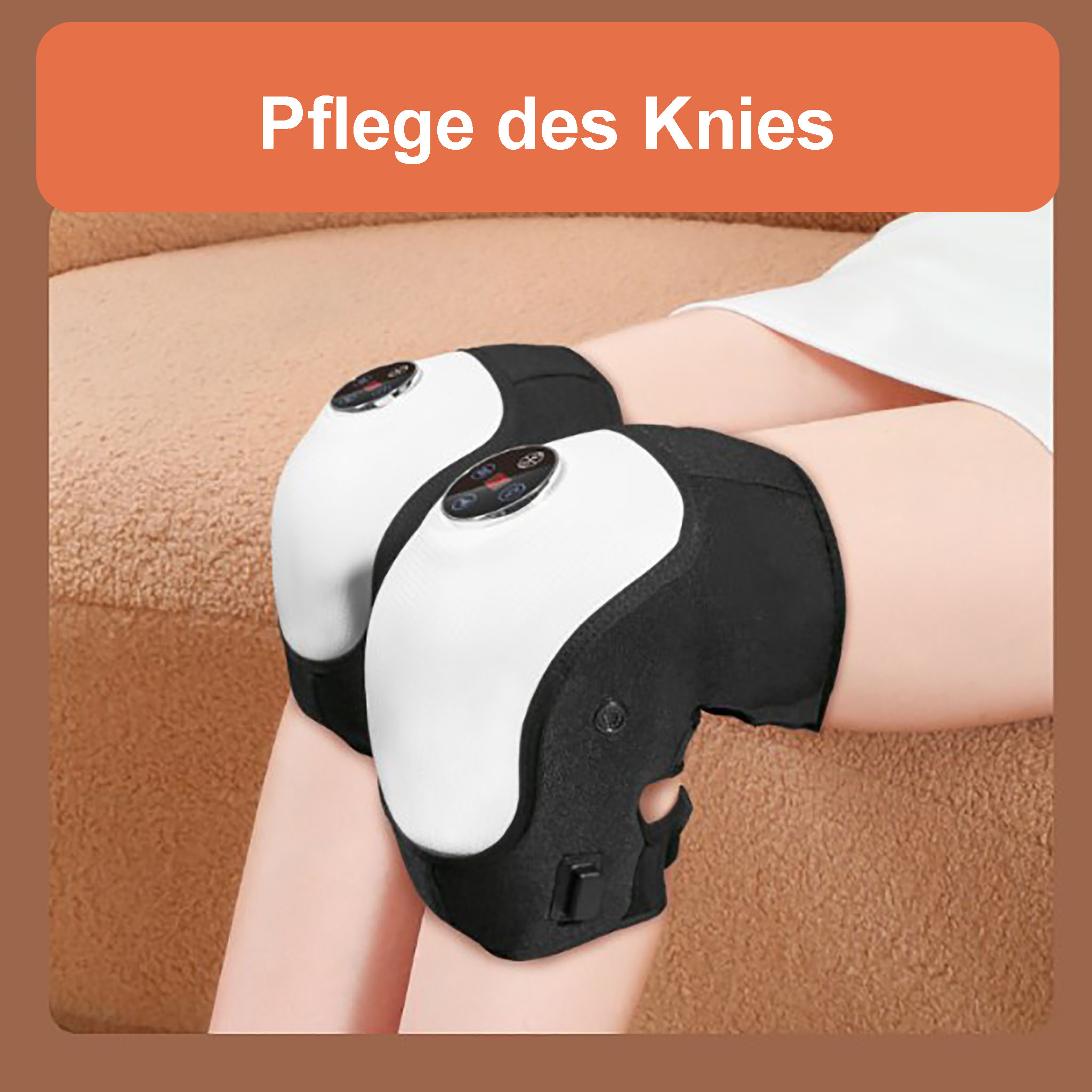 Zwei Knieorthesen an Beinen. Die Orthesen sind schwarz und weiß mit Digitalanzeige.