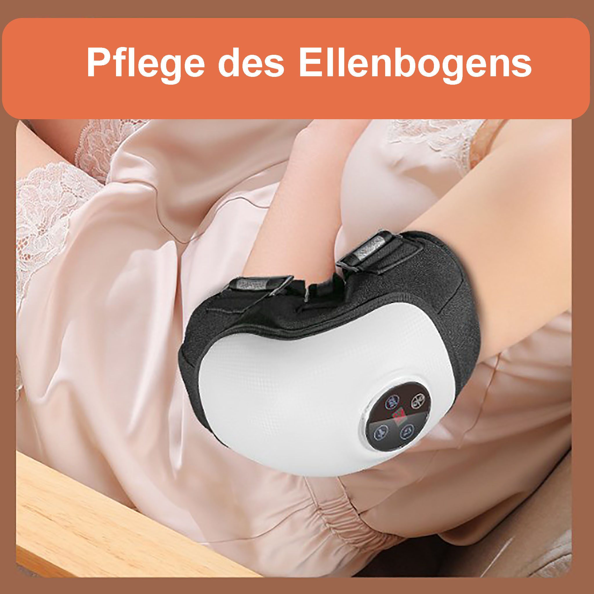 Der Ellbogen einer Person befindet sich in einer schwarz-weißen Spange. Oben steht der Text 'Pflege des Ellenbogens'.
