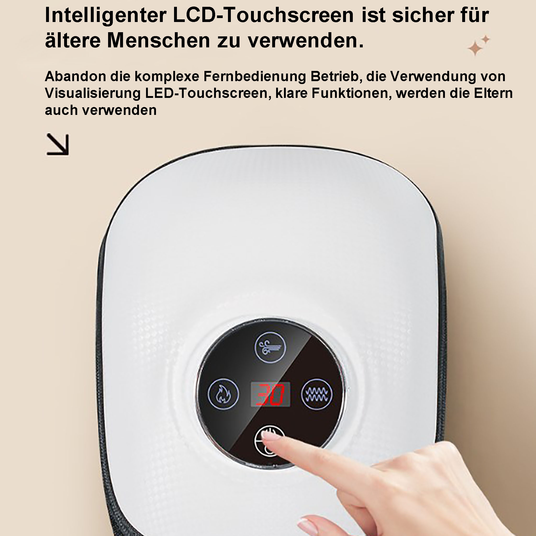 Ein weißes Gerät mit Touchscreen, ein Finger berührt den Bildschirm. Text auf Deutsch steht oben.