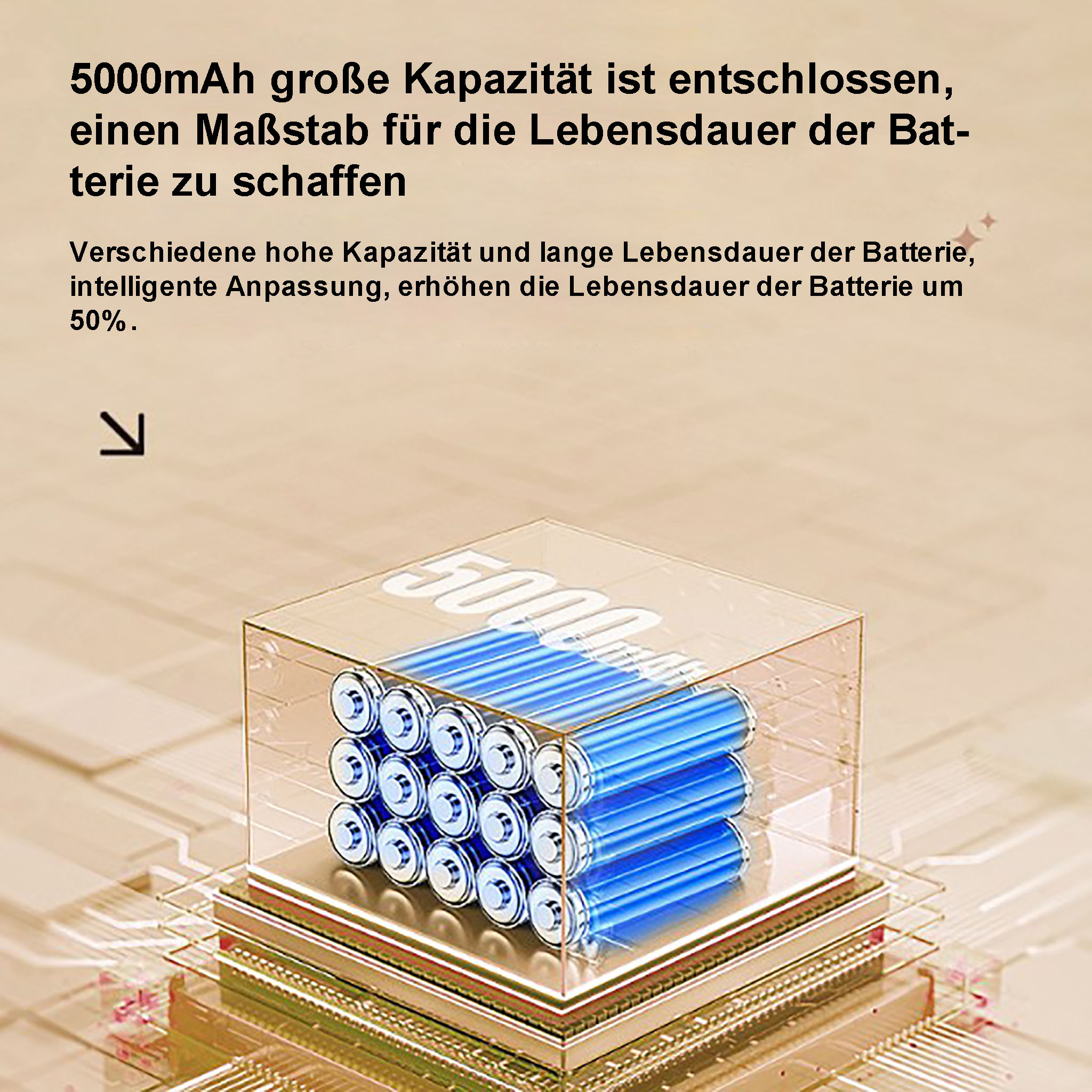 Transparente Box mit blauen Batterien. Text über Batteriekapazität und Lebensdauer ist darüber.