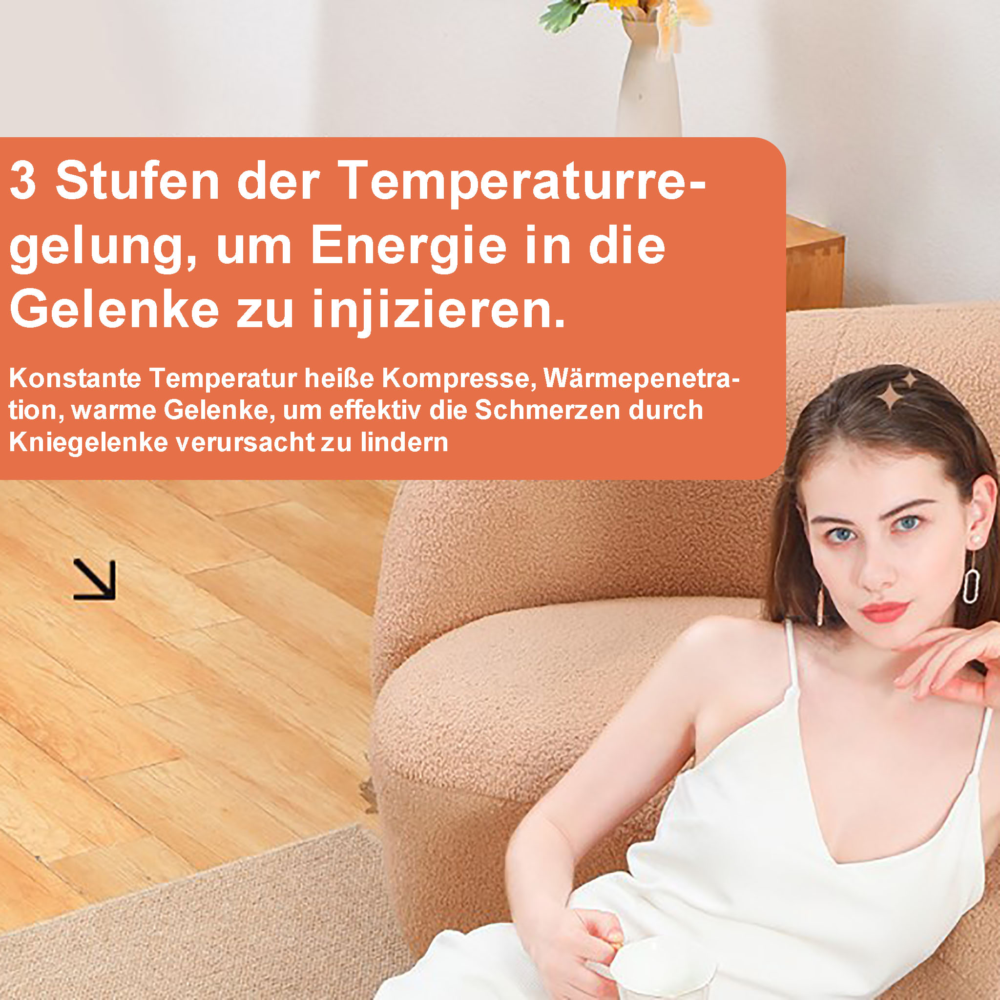 Eine Frau in weißem Oberteil sitzt auf einem beigen Stuhl. Text auf orangefarbenem Hintergrund.