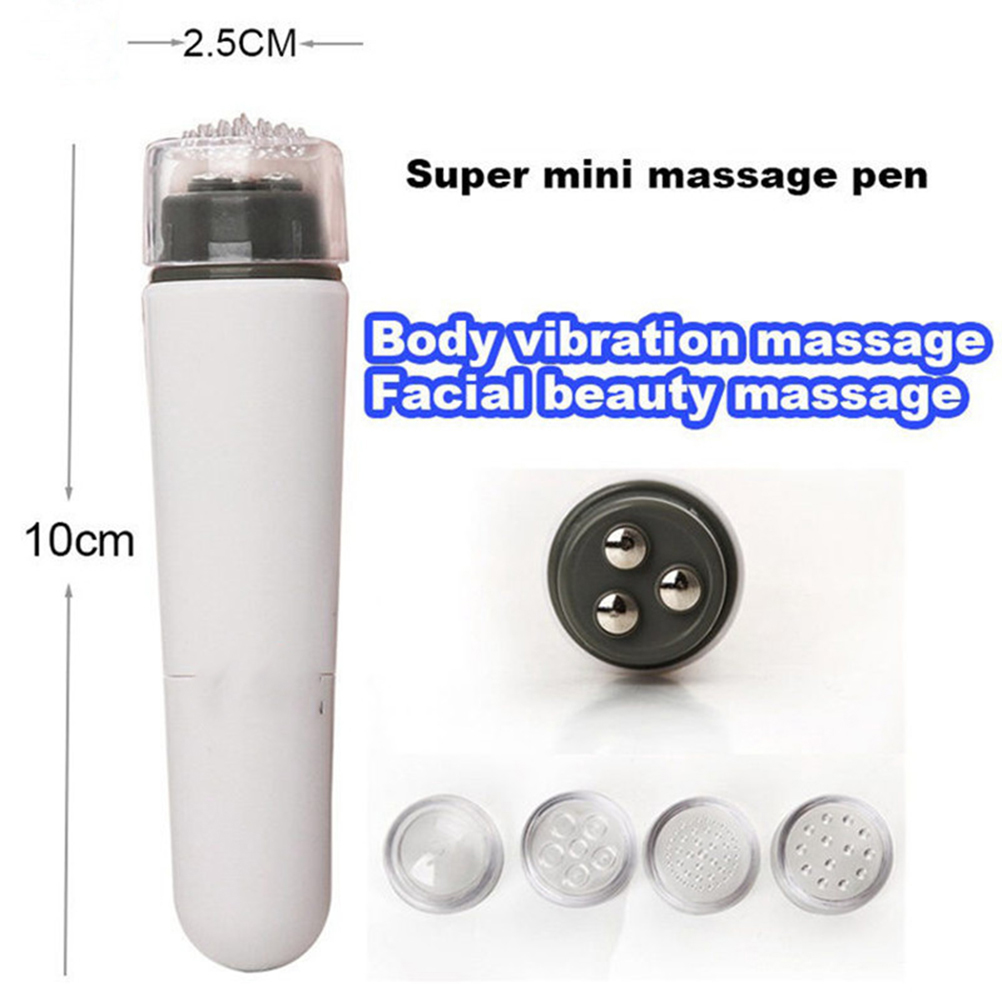 Ein weißer und grauer Mini-Massage-Stift mit mehreren austauschbaren Köpfen. Text weist auf Gesichts- und Körpervibrationsmassage hin.