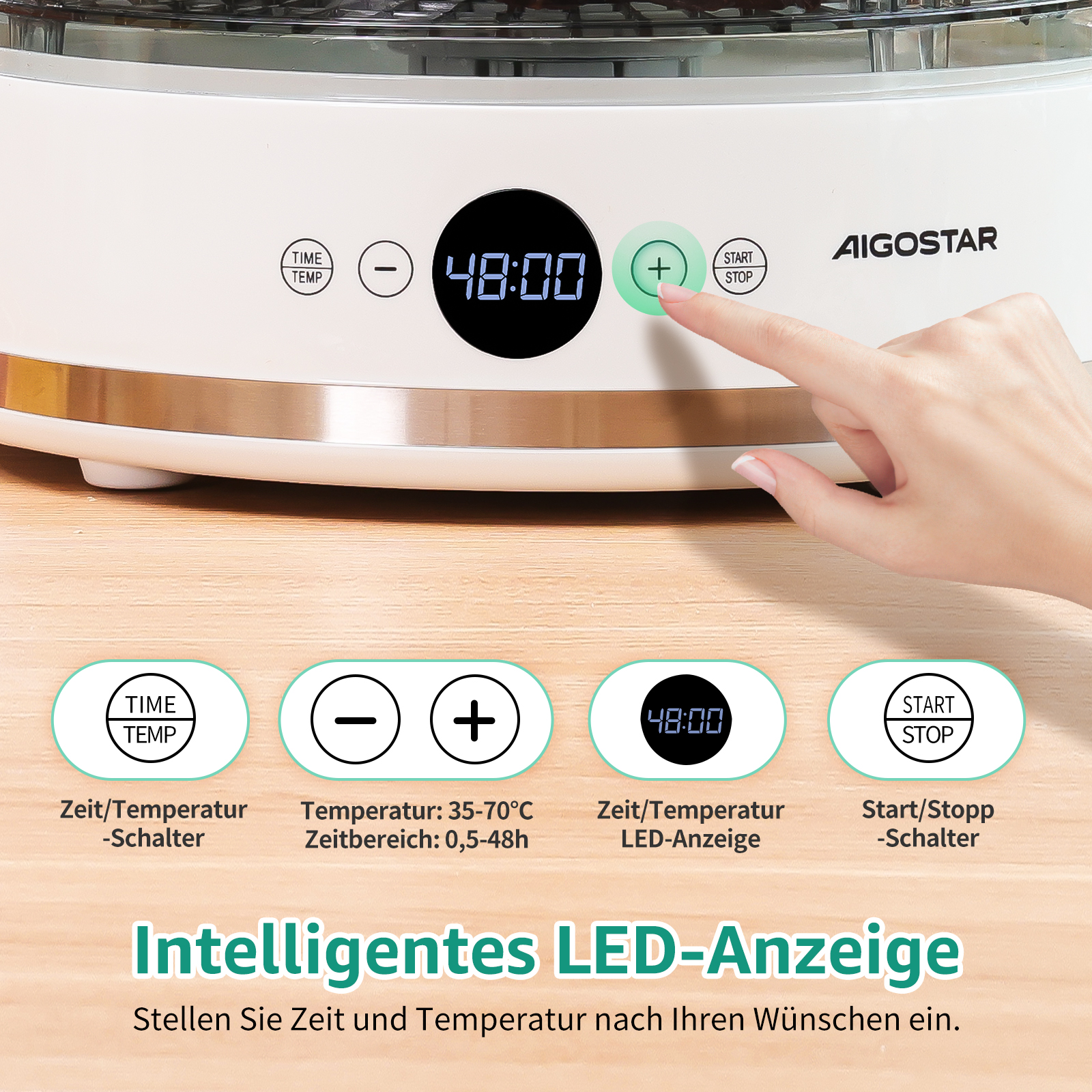 Eine Hand berührt die Plus-Taste an einem weißen Gerät. Die Anzeige zeigt 48:00. Der Text unten lautet: Intelligente LED-Anzeige.