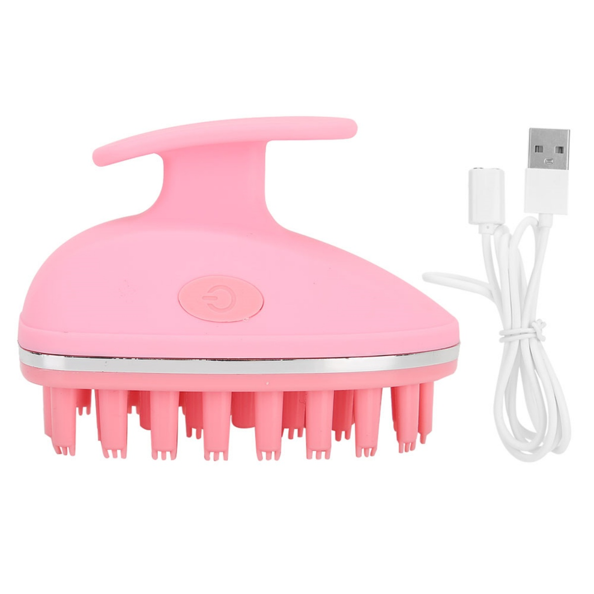 Ein pinkfarbener Kopfmassagegerät mit Griff und Borsten. Rechts befindet sich ein weißes USB-Kabel.