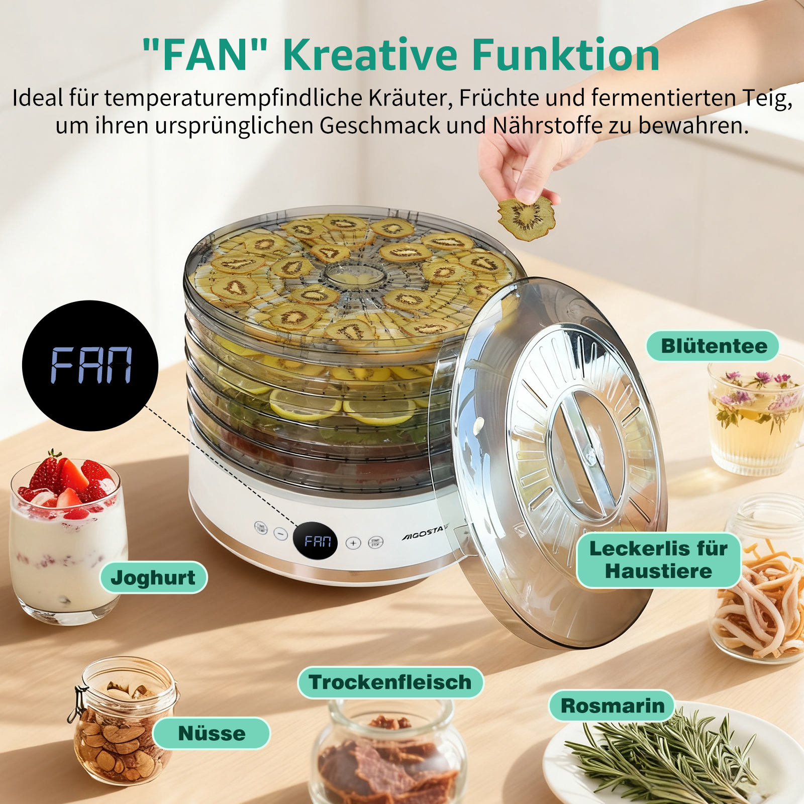 Dehydrator mit Früchten, Joghurt, Nüssen und anderen Artikeln. Eine Hand hält eine Kiwischeibe. Textbezeichnungen.