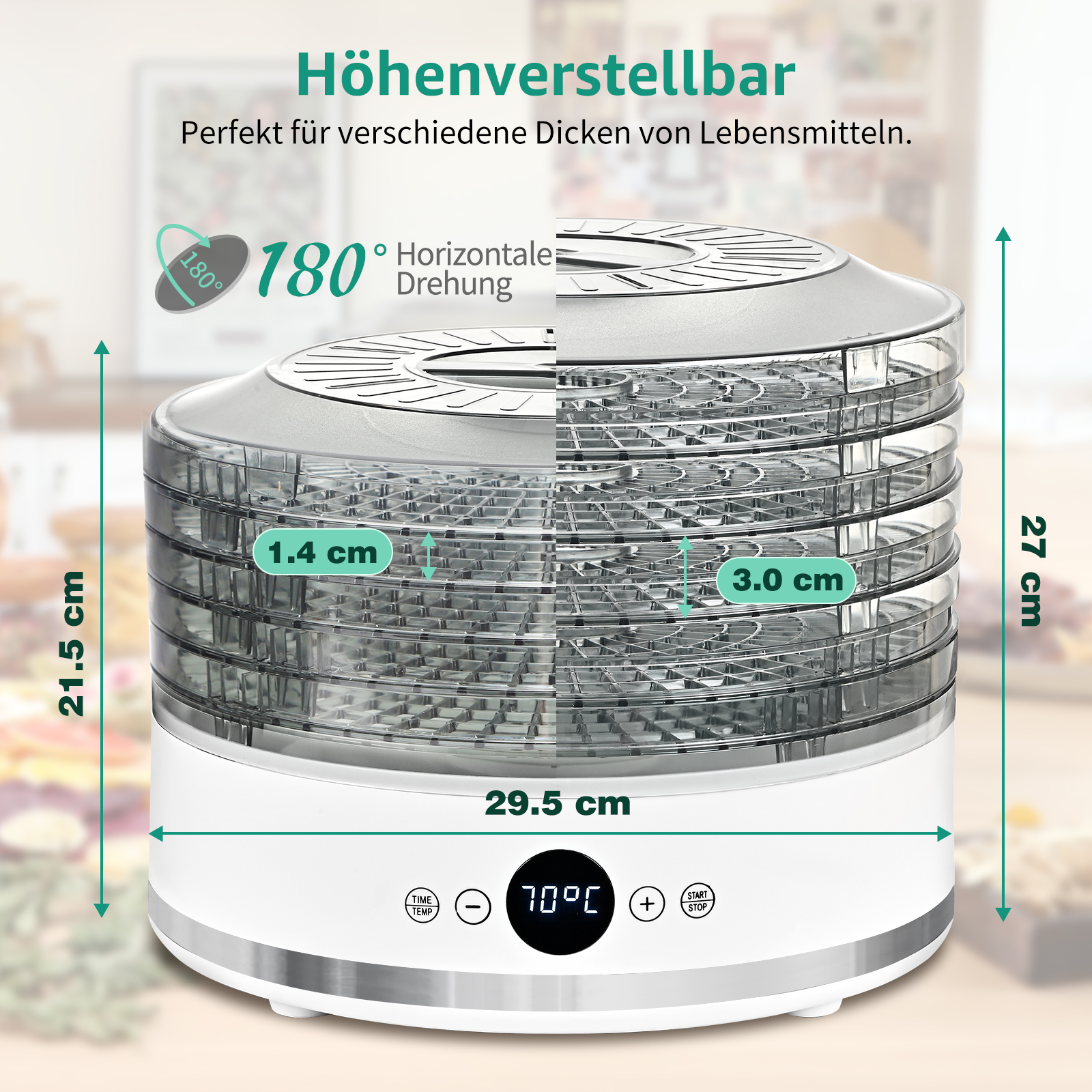 Ein weißer Dörrautomat mit transparenten Tabletts. Abmessungen sind angegeben. Er hat ein digitales Display und Steuertasten.