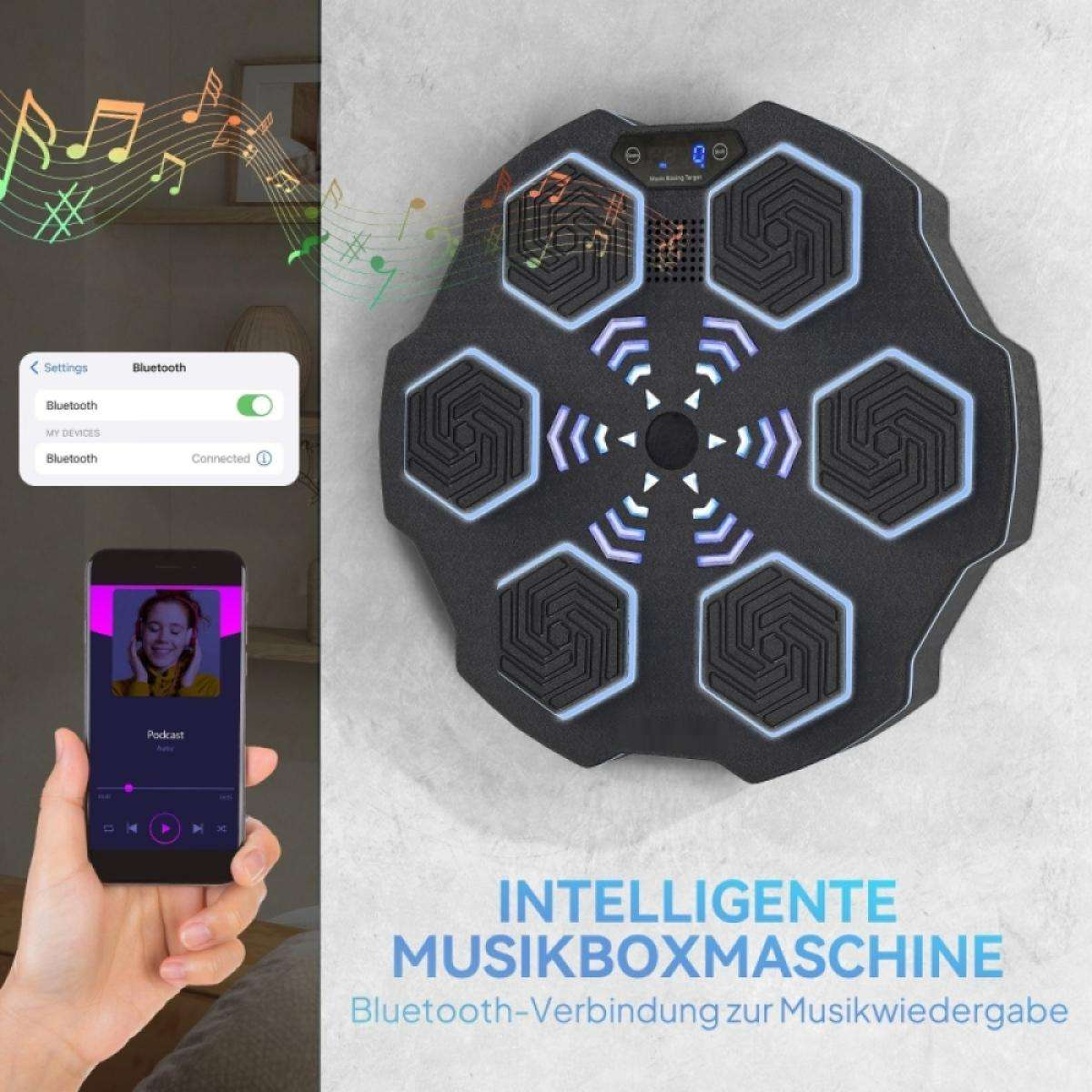 Eine Hand hält ein Telefon mit einem Podcast. Ein schwarzes Musikgerät mit blauen Lichtern an der Wand. Bluetooth-Verbindung wird angezeigt.