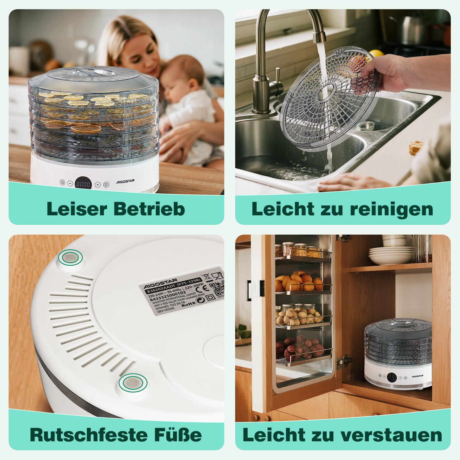 Ein Dörrgerät mit Baby und Frau im Hintergrund sowie Funktionen wie einfache Reinigung und Lagerung.