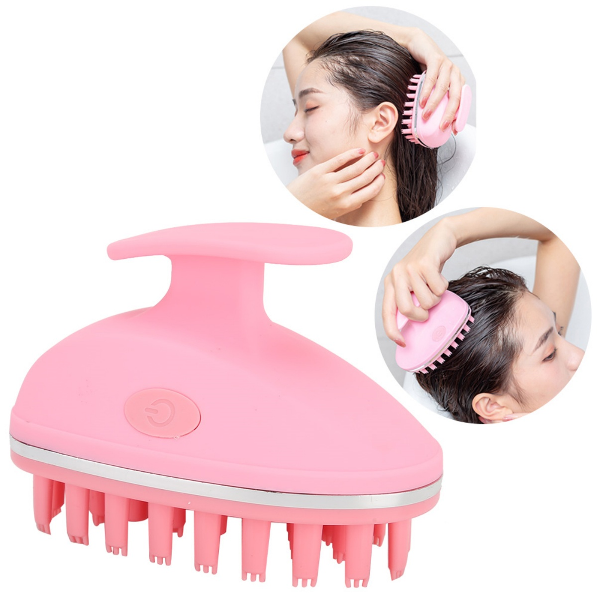 Ein rosa Kopfmassagegerät mit Griff und Borsten. Zwei Frauen benutzen ähnliche Geräte auf ihren nassen Haaren. Ein Ein-Aus-Schalter ist sichtbar.