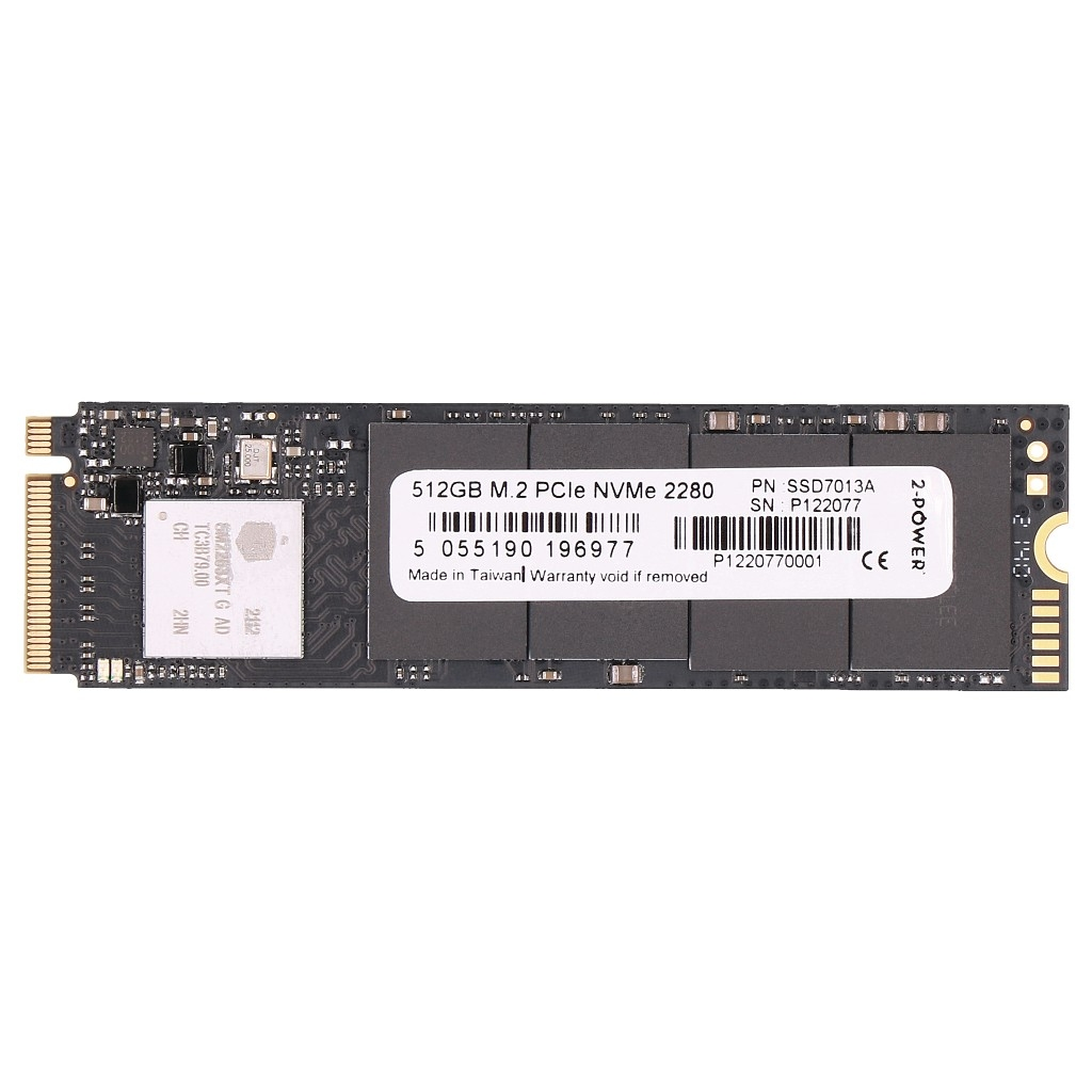 Een 512GB M.2 PCIe NVMe 2280 SSD met labels en chips op een printplaat, tegen een witte achtergrond. Tekst: 2-POWER.