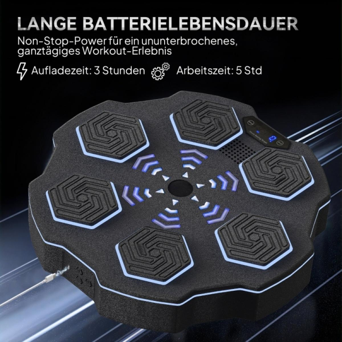 Schwarzes, sechseckiges Trainingsgerät mit blauen Lichtern. Text: Lange Akkulaufzeit, Ladezeit 3 Stunden, Arbeitszeit 5 Stunden.
