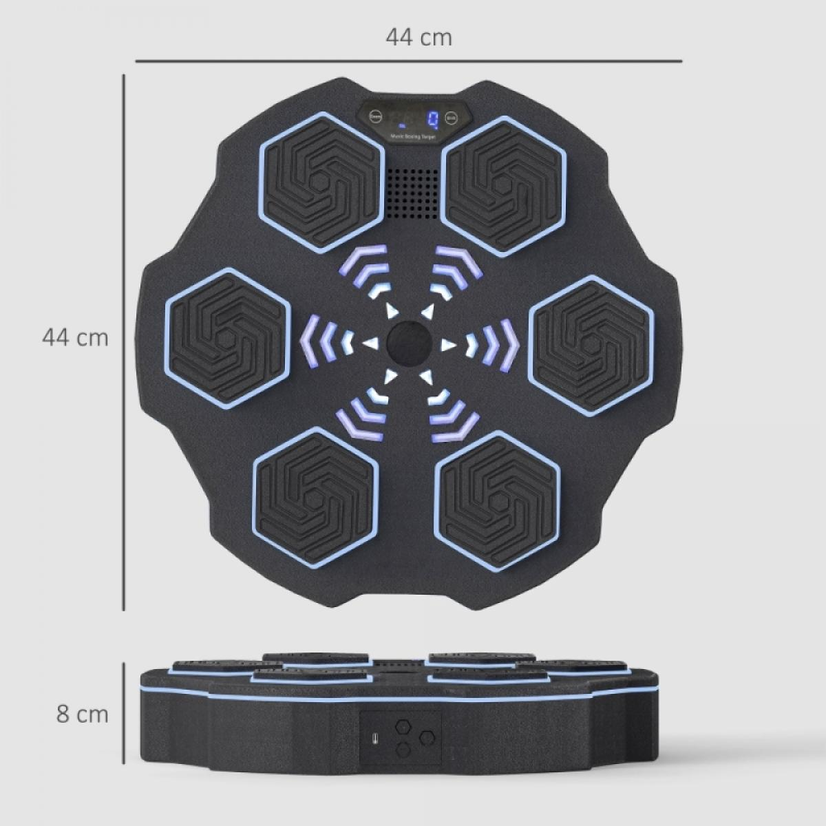 Schwarzes hexagonales Gerät mit blauen Lichtern und einem zentralen Lautsprecher. Abmessungen sind 44x44x8 cm. Es hat Knöpfe und einen Bildschirm.