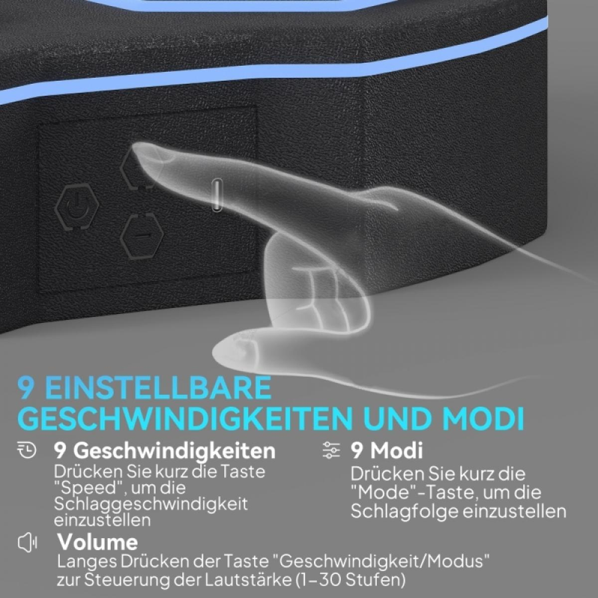 Eine Hand berührt eine Taste des Geräts. Text liest 9 einstellbare Geschwindigkeiten und Modi mit Lautstärkeregelung.