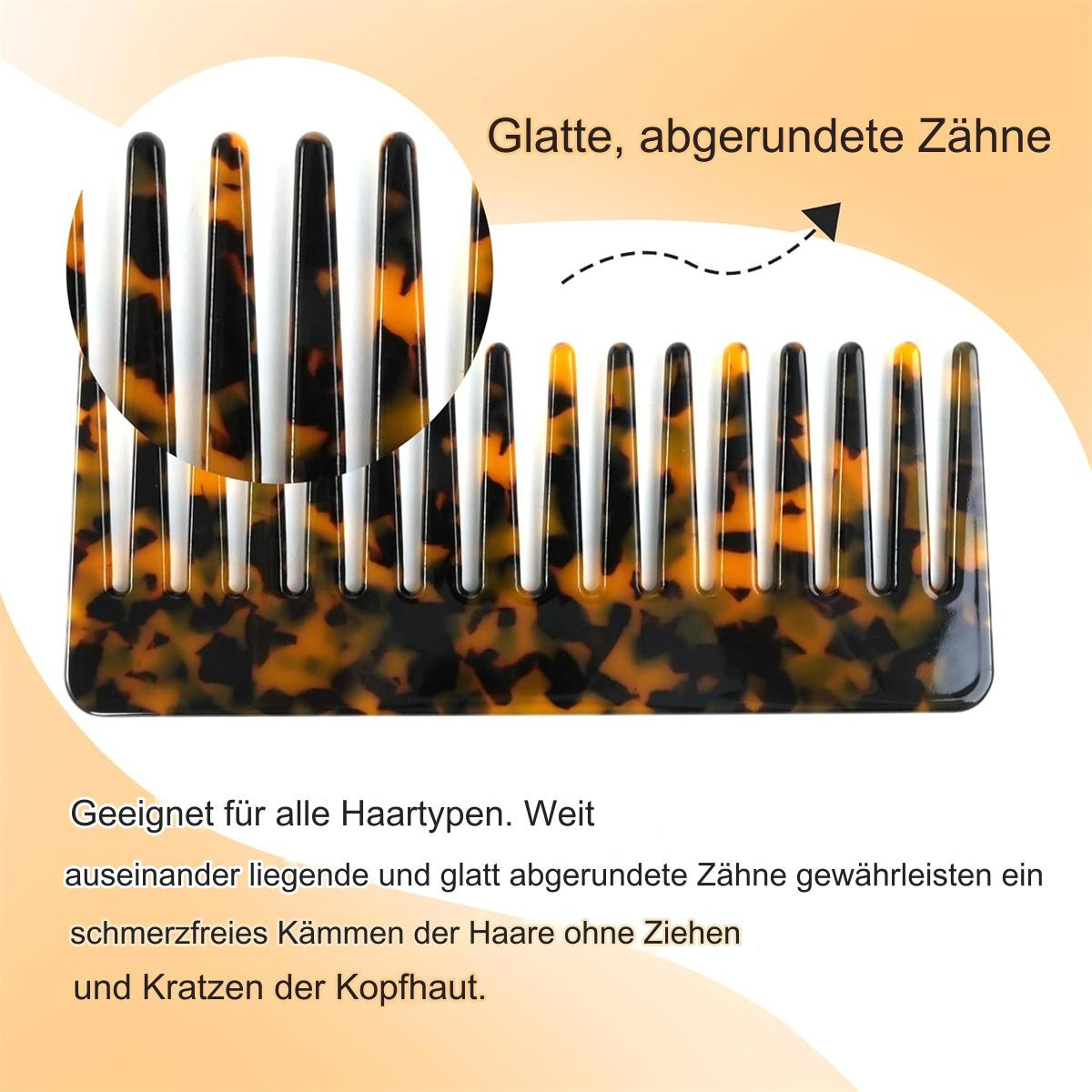 Ein Schildpattkamm mit glatten, abgerundeten Zähnen. Text: Geeignet für alle Haartypen und garantiert schmerzfreies Kämmen.