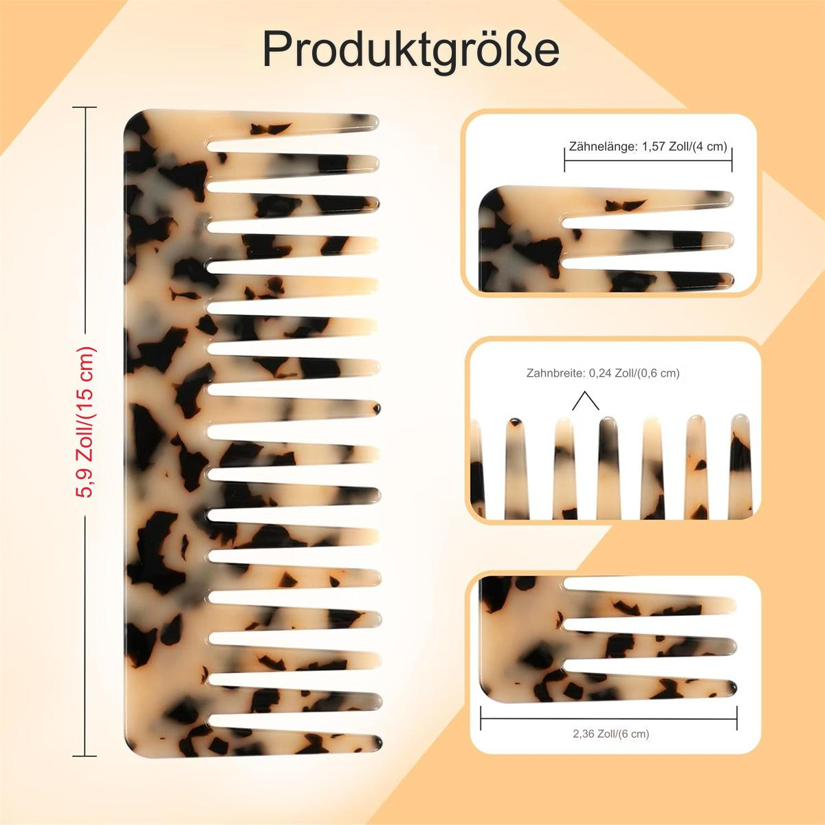 Ein gemusterter Kamm mit Maßen. Beige- und Schwarzmuster. Produktgrößenetikett mit Abmessungen in Zoll und Zentimetern.