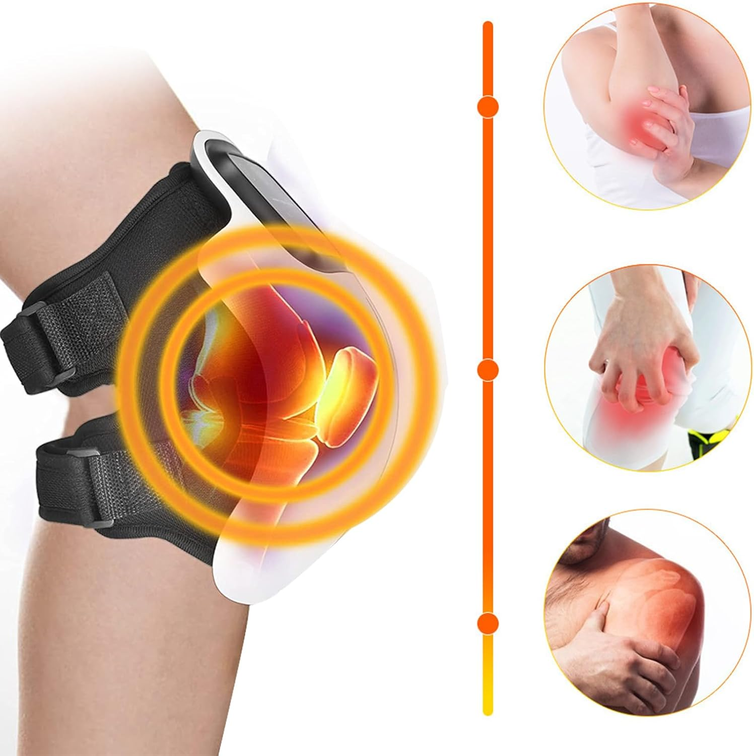 Ein Knie mit Stütze, mit hervorgehobenen Schmerzbereichen an Knie, Ellenbogen und Schulter. Eine orangefarbene Linie ist an der Seite.