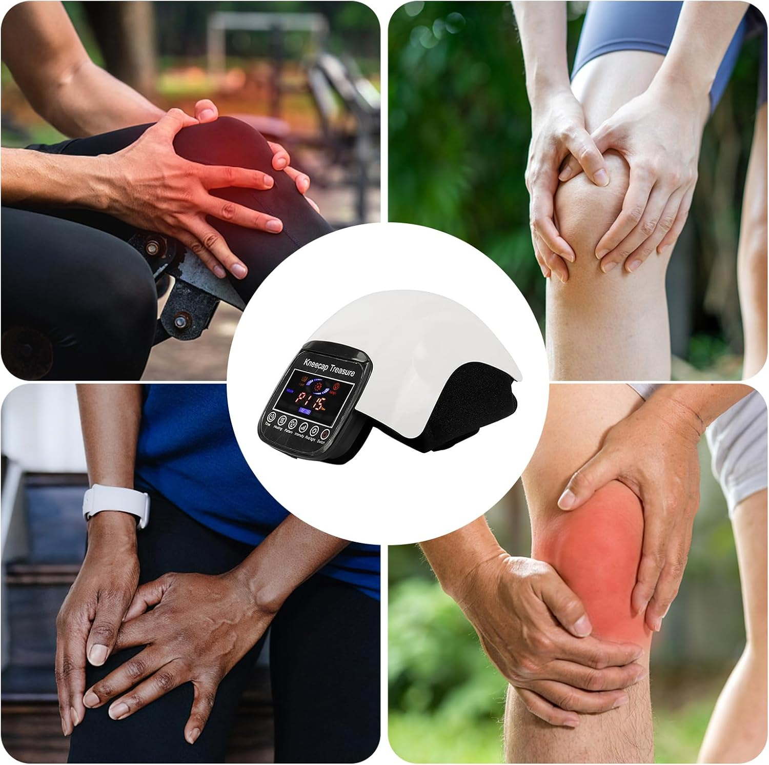 Collage zeigt Personen, die sich schmerzhaft die Knie halten. Mitte: Kniemassagegerät. Knie zeigen Entzündungen und Beschwerden.